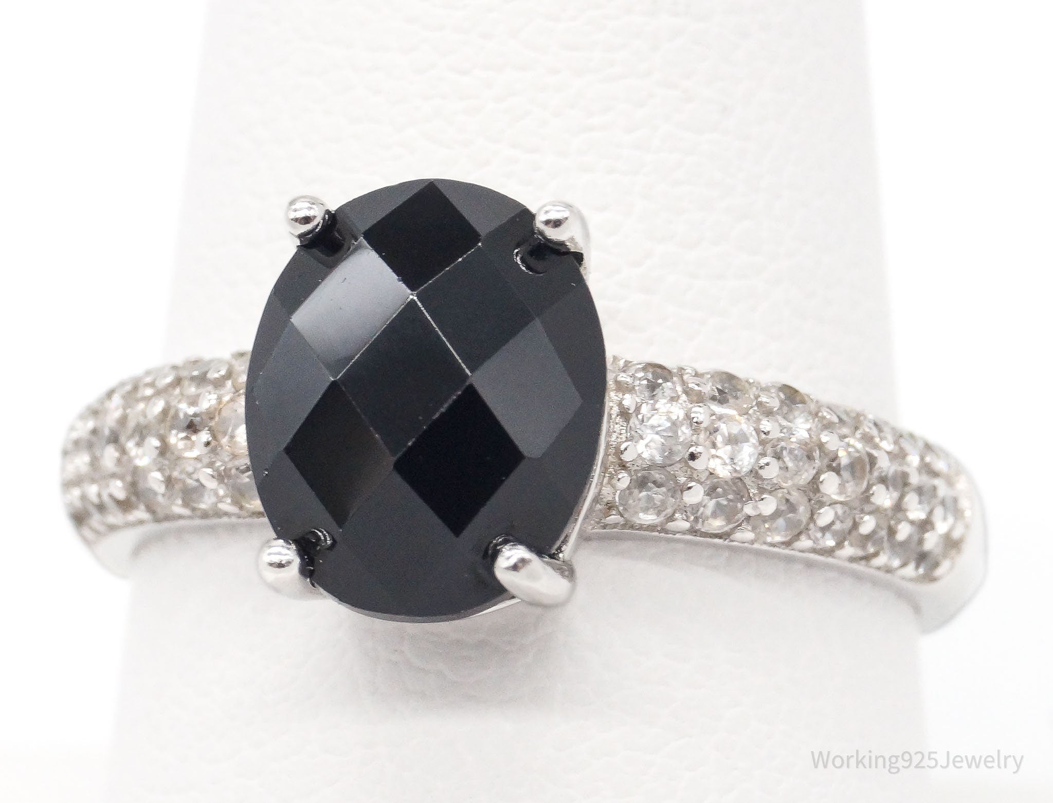 Vintage Black Onyx Cubic Zirconia Sterling Silver Ring - Size 9.25