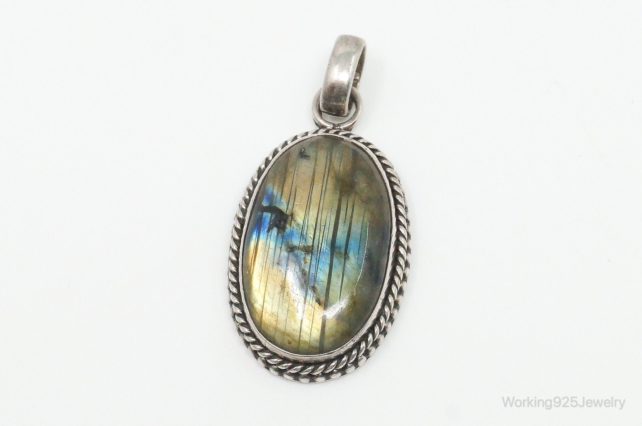 Vintage Large Labradorite Sterling Silver Necklace Pendant