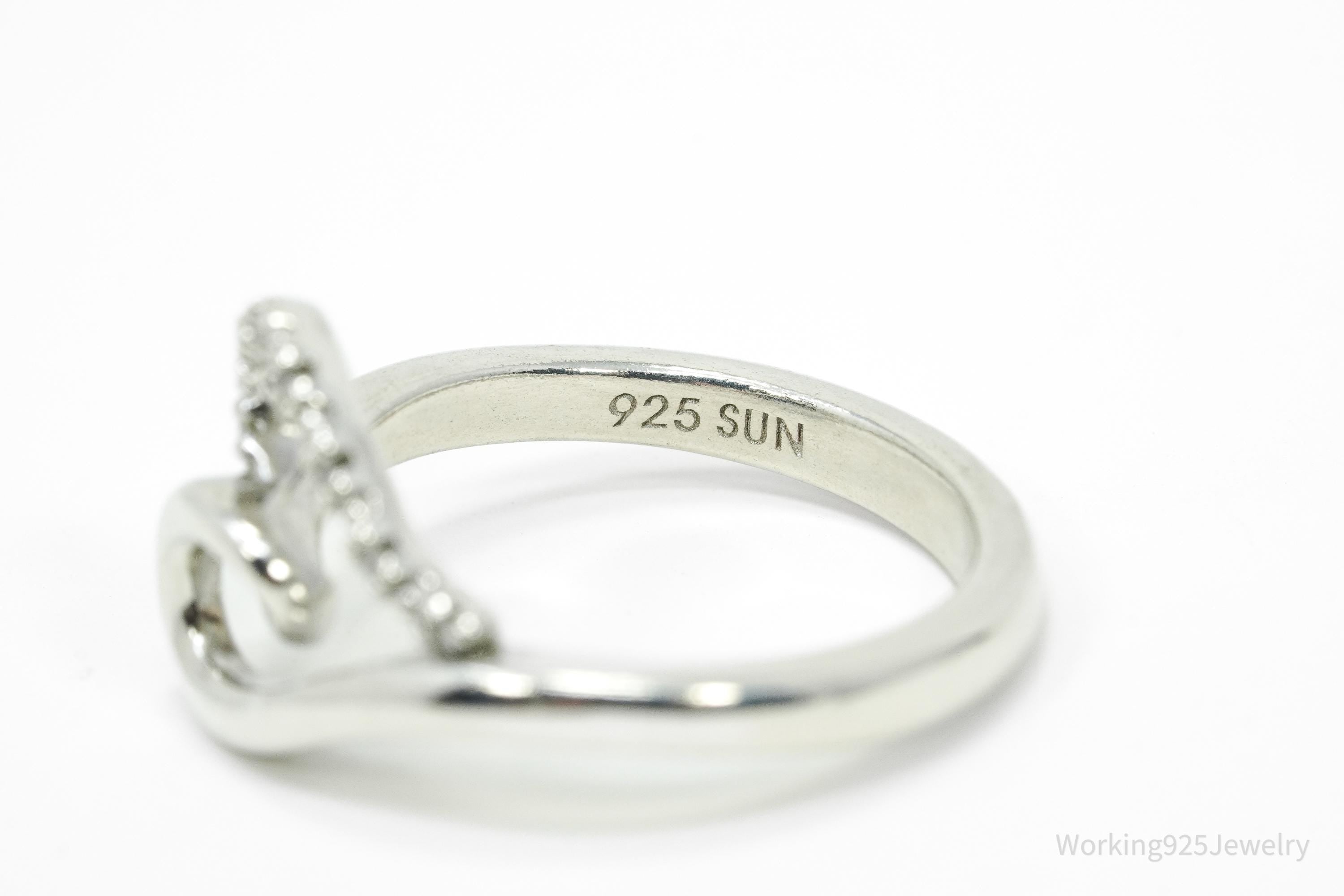 Vintage SUN White Diamond Heart Sterling Silver Ring - Size 6.75