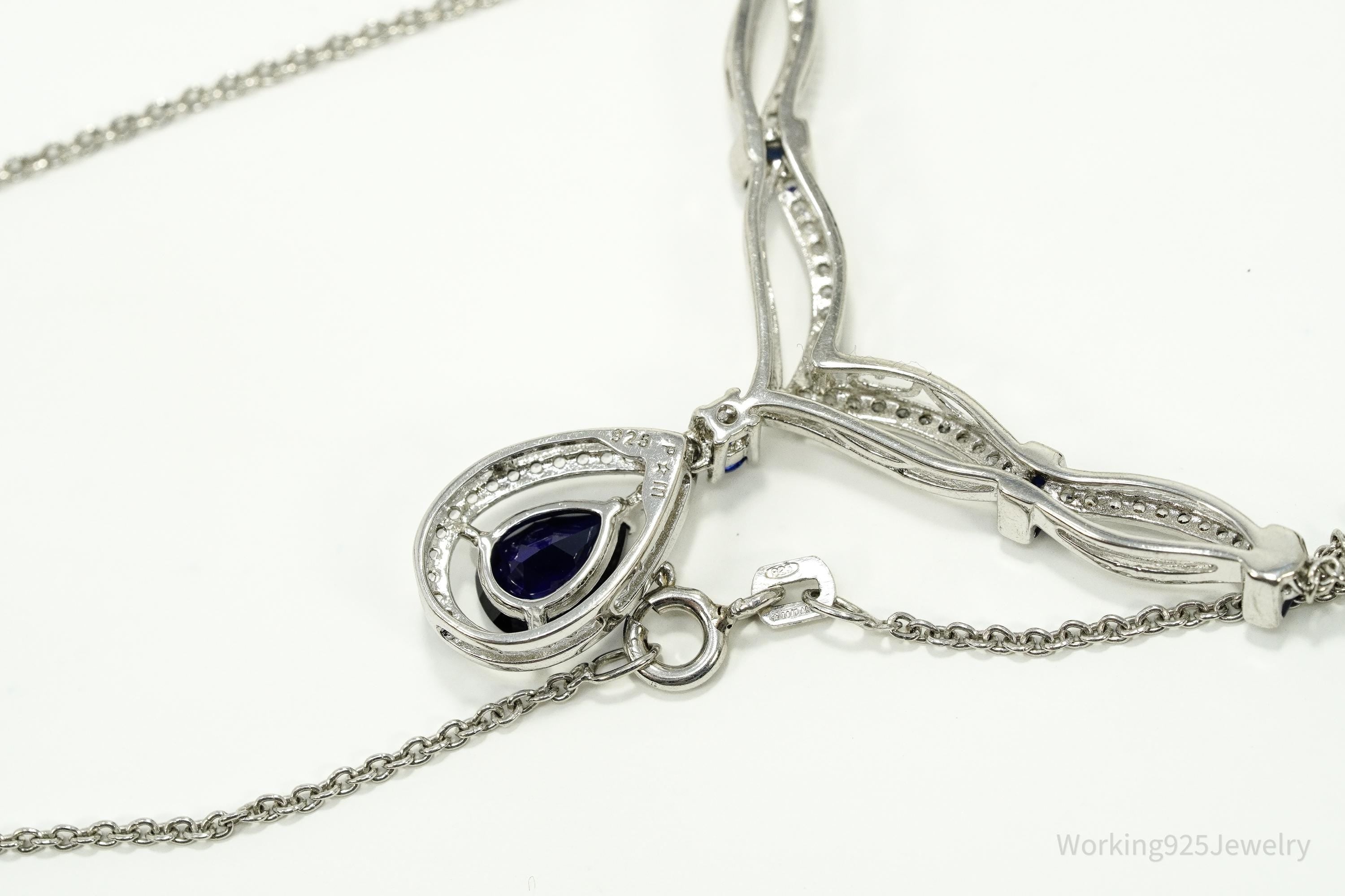 Vintage Blue & White Sapphire Sterling Silver Necklace 15"