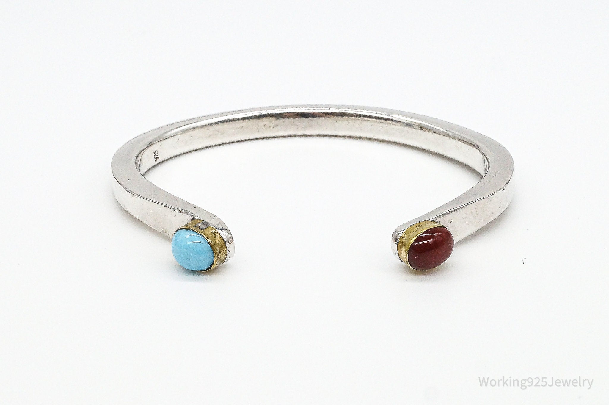 Vintage Turquoise Carnelian Brass Modernist Sterling Silver Cuff Bracelet