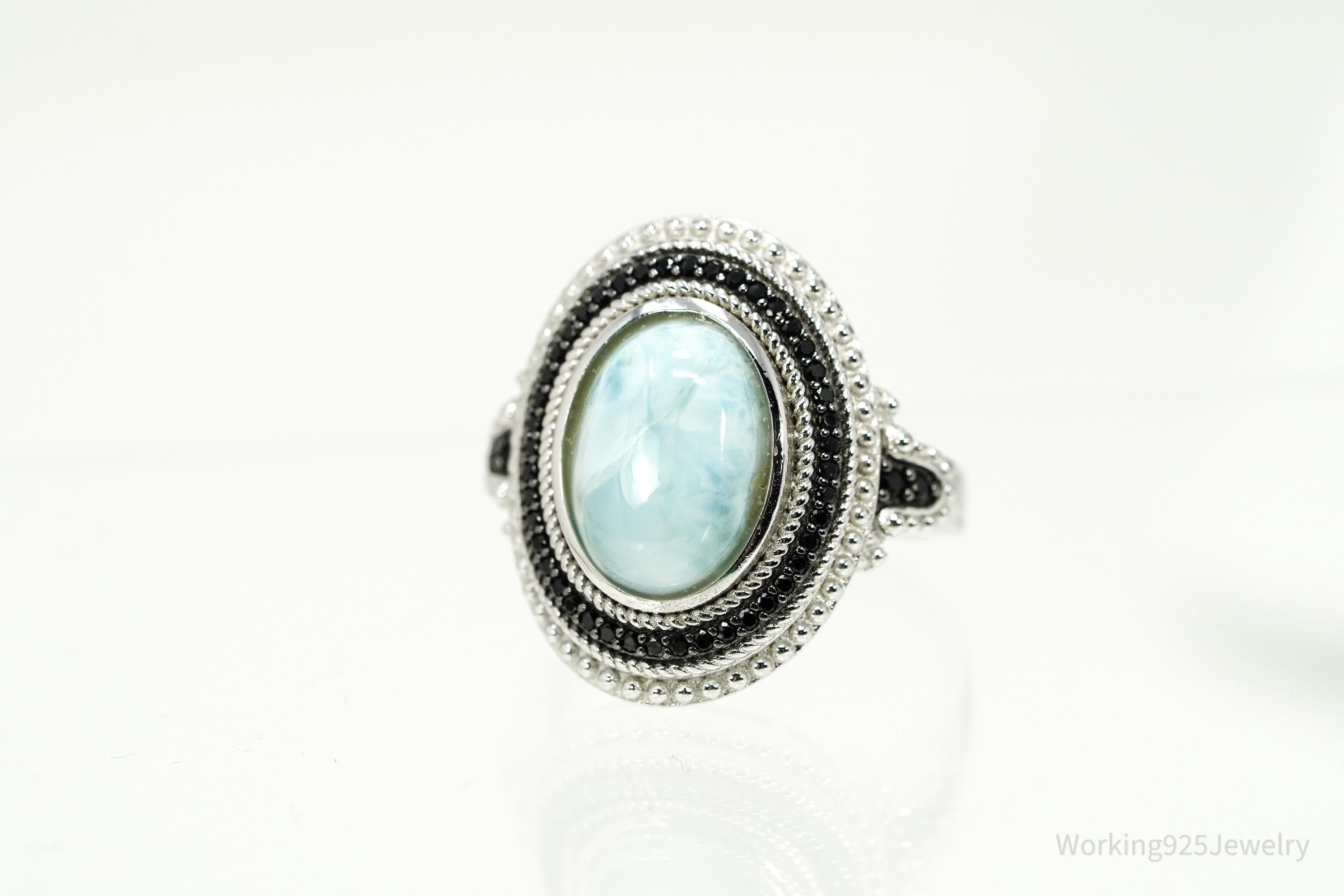 Vintage Blue Larimar & Black Spinel Sterling Silver Ring - Size 11