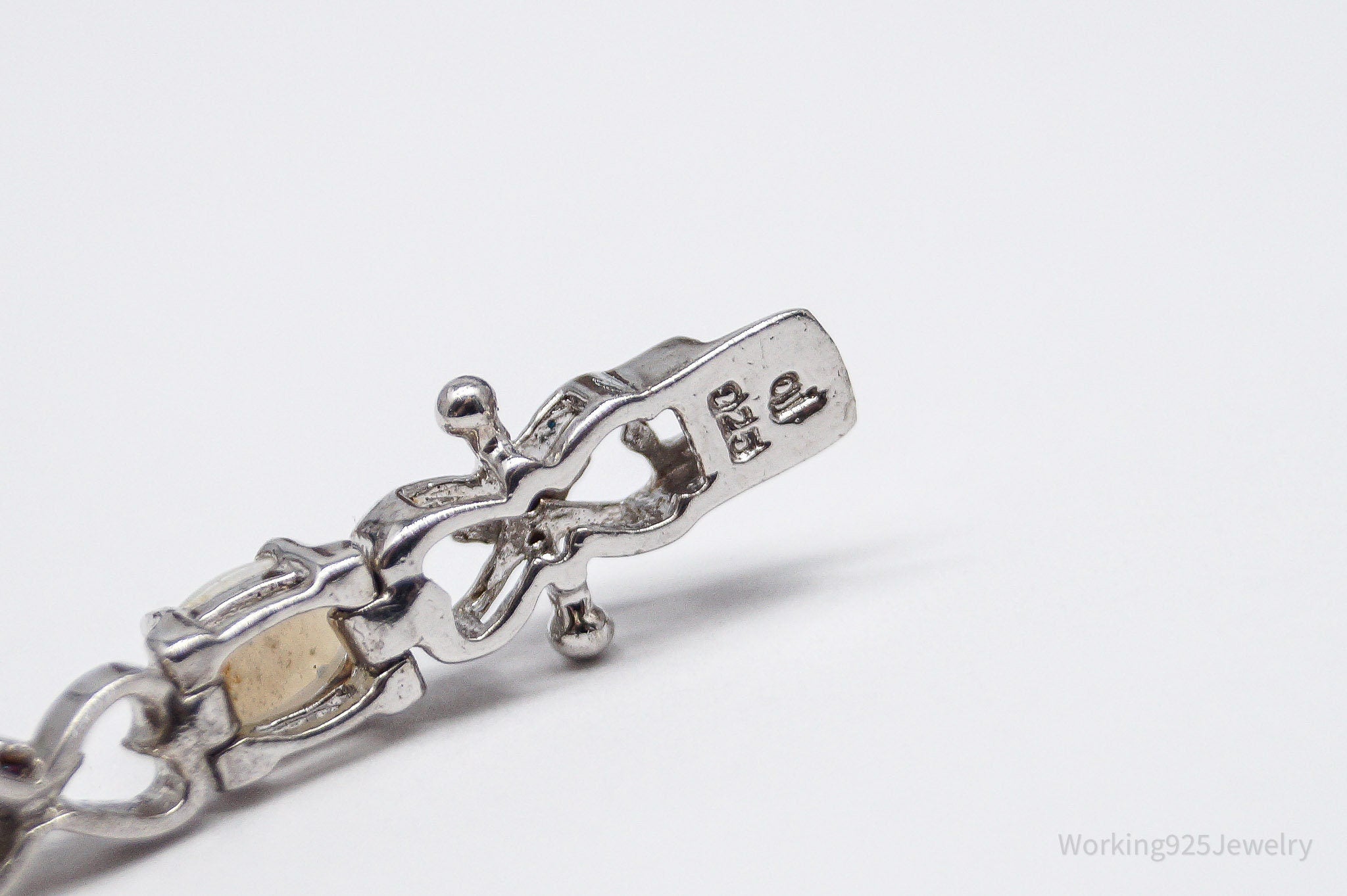 Vintage Opal & 3 Diamonds Sterling Silver Bracelet - 7 7/16"