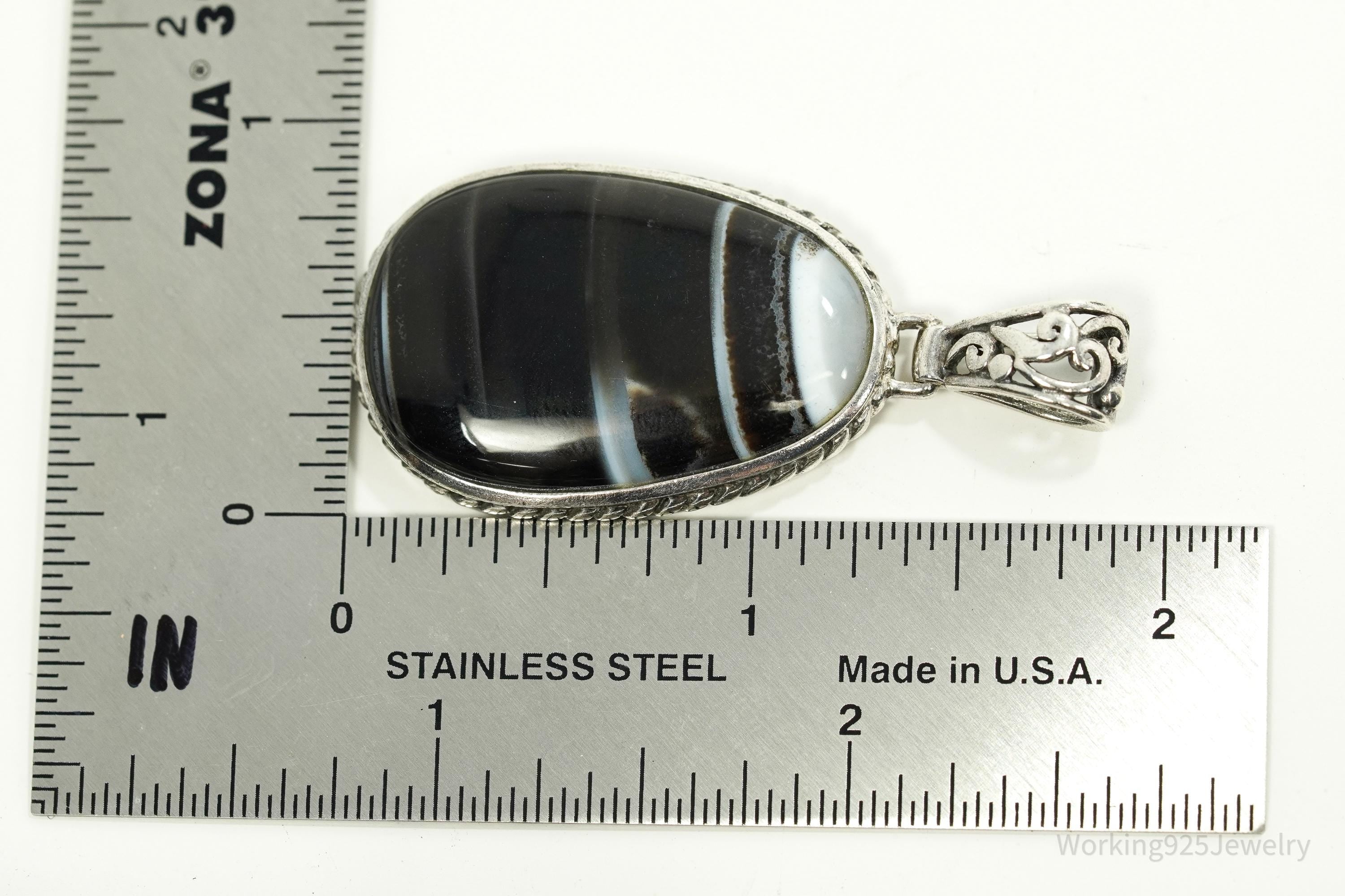 Vintage Large Black Lace Agate Sterling Silver Pendant
