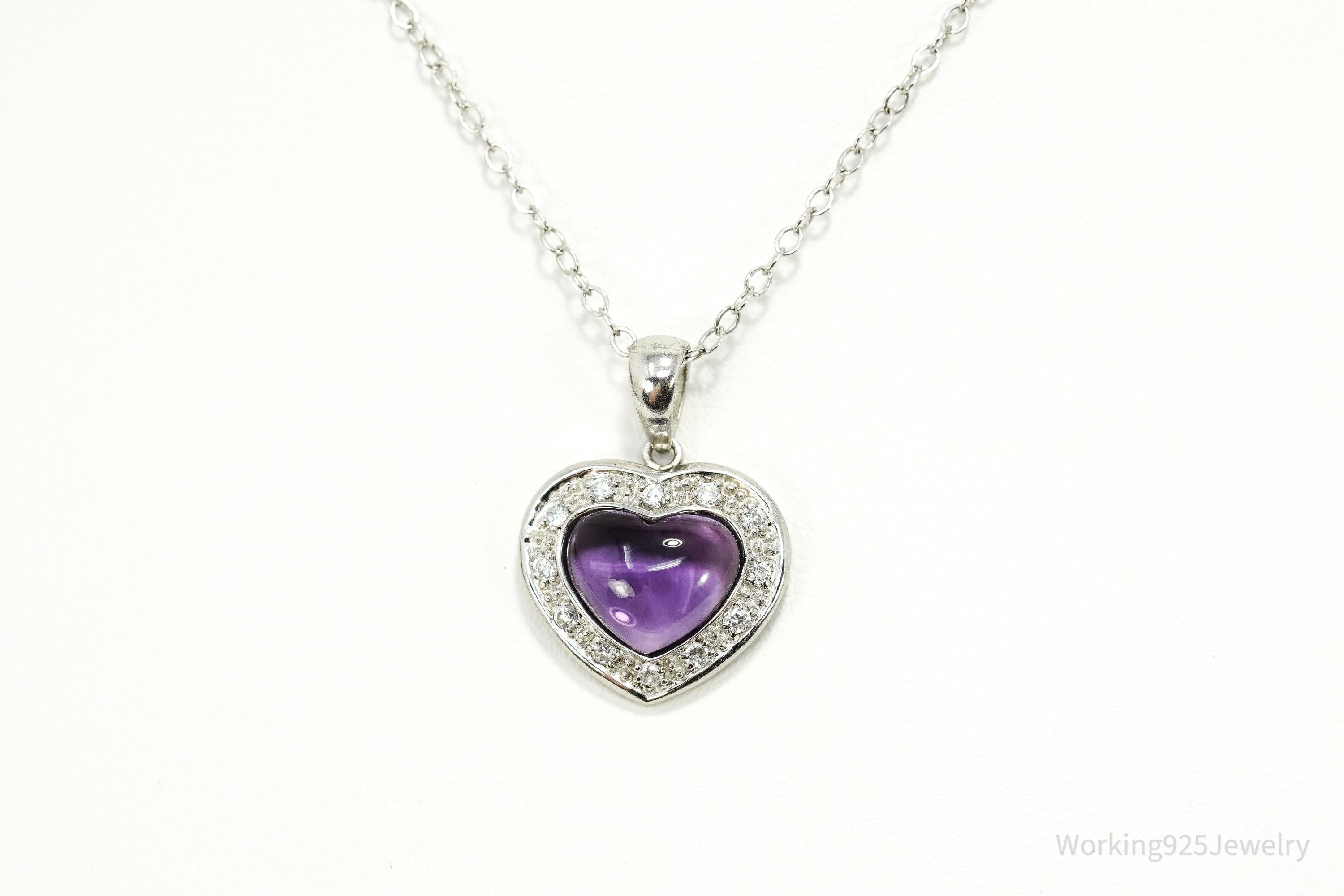 Vintage Amethyst & Cubic Zirconia Sterling Silver Heart Chain Necklace 20"