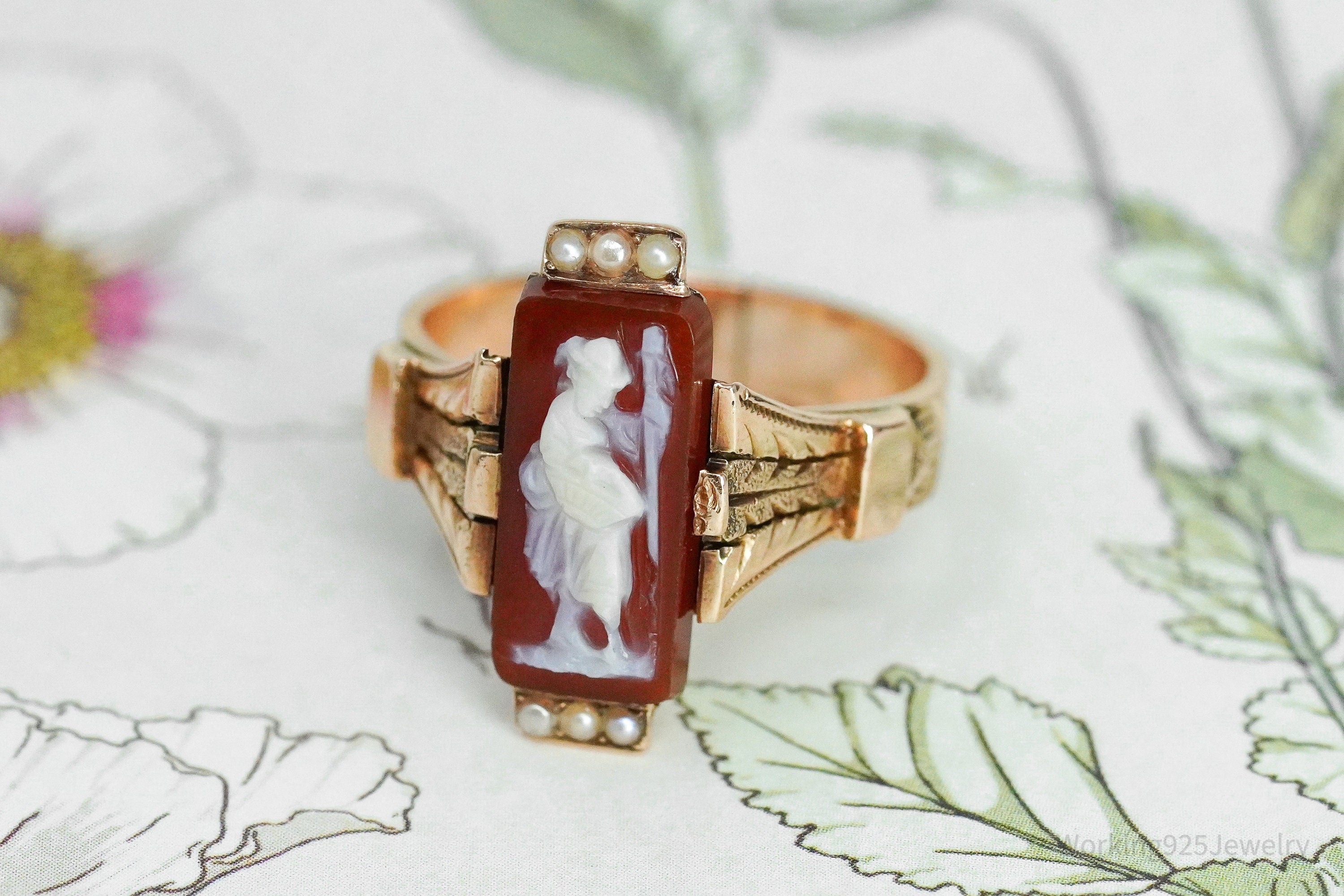 Antique 14K Rose Gold & Seed Pearls Cameo Ring - Size 6.5
