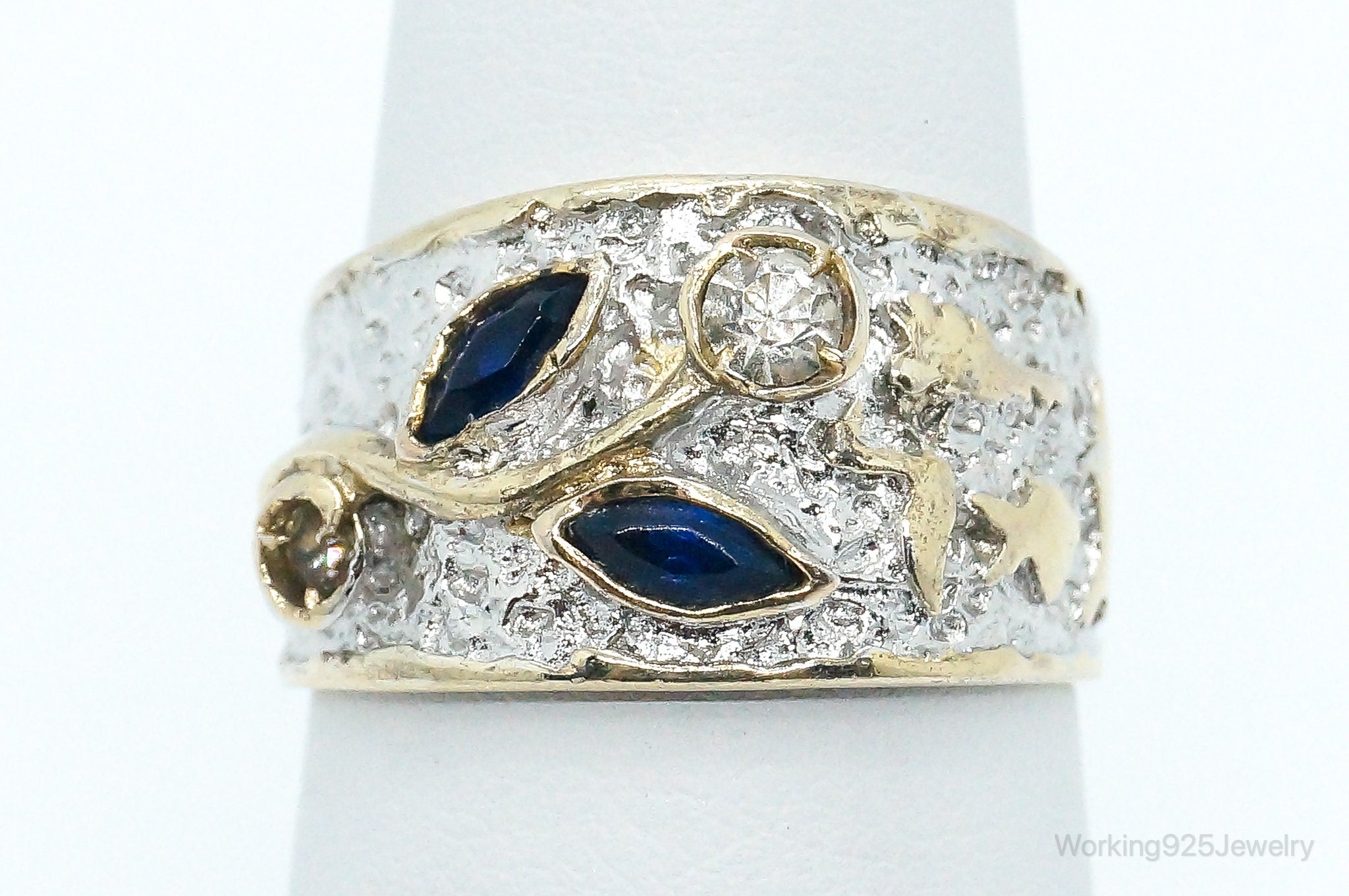 Vintage Sapphire Cubic Zirconia Gold Vermeil Sterling Silver Ring Size 6.75