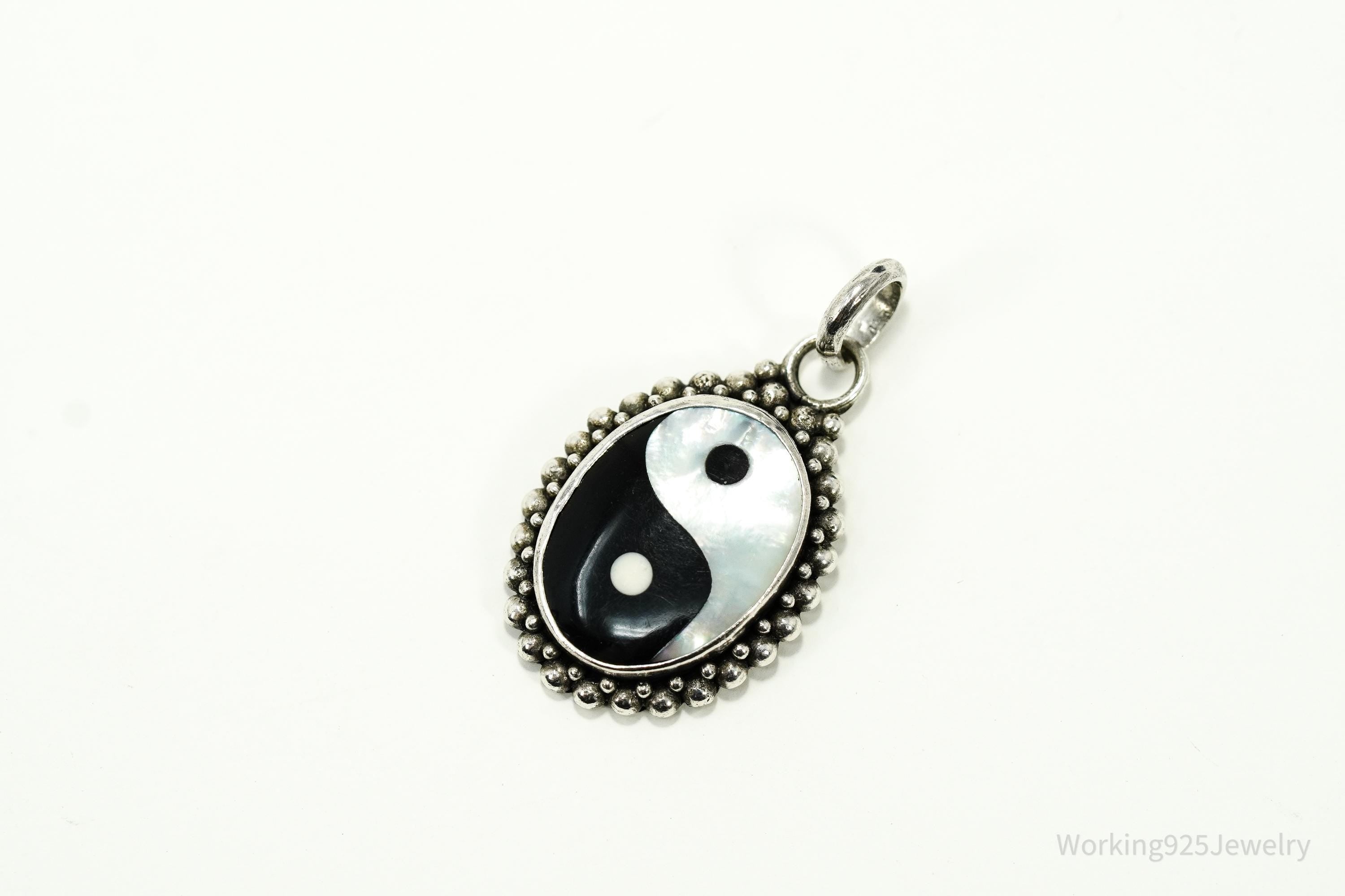 Vintage Black Onyx & Mother Of Pearl Inlay Yin Yang Sterling Silver Pendant