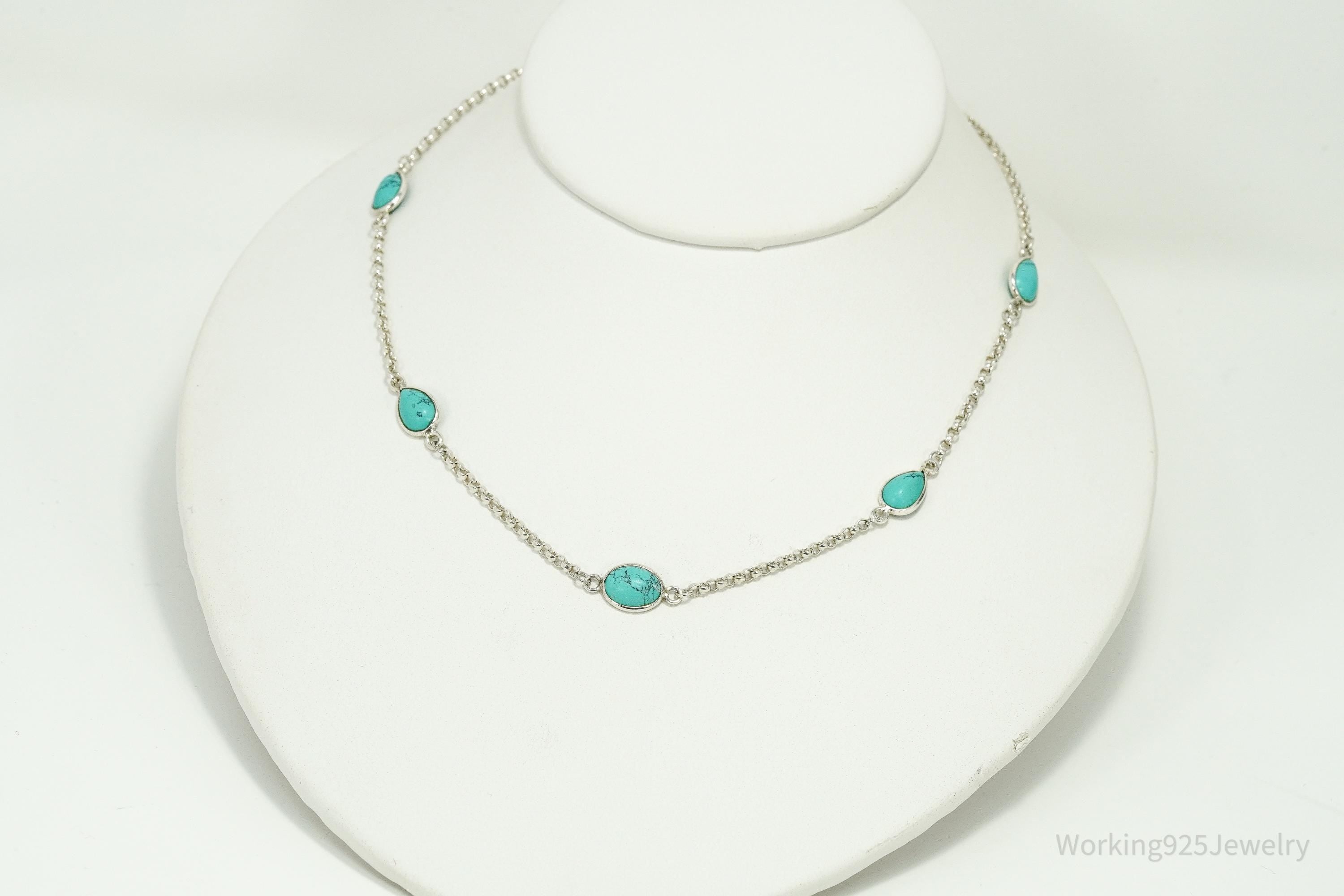 Vintage Blue Turquoise Sterling Silver Necklace 15"