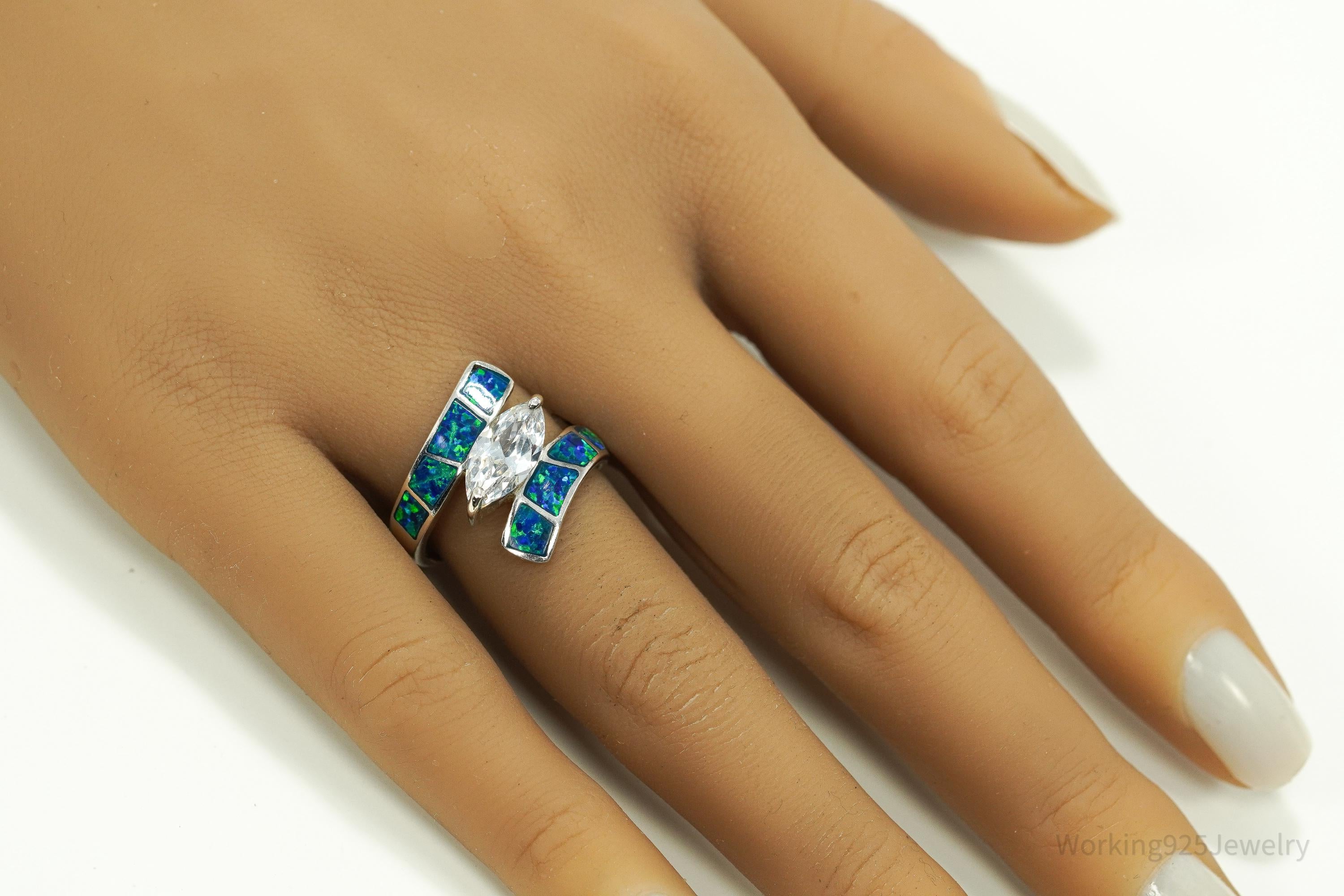 Vintage Cubic Zirconia & Opal Inlay Sterling Silver Ring - Size 8