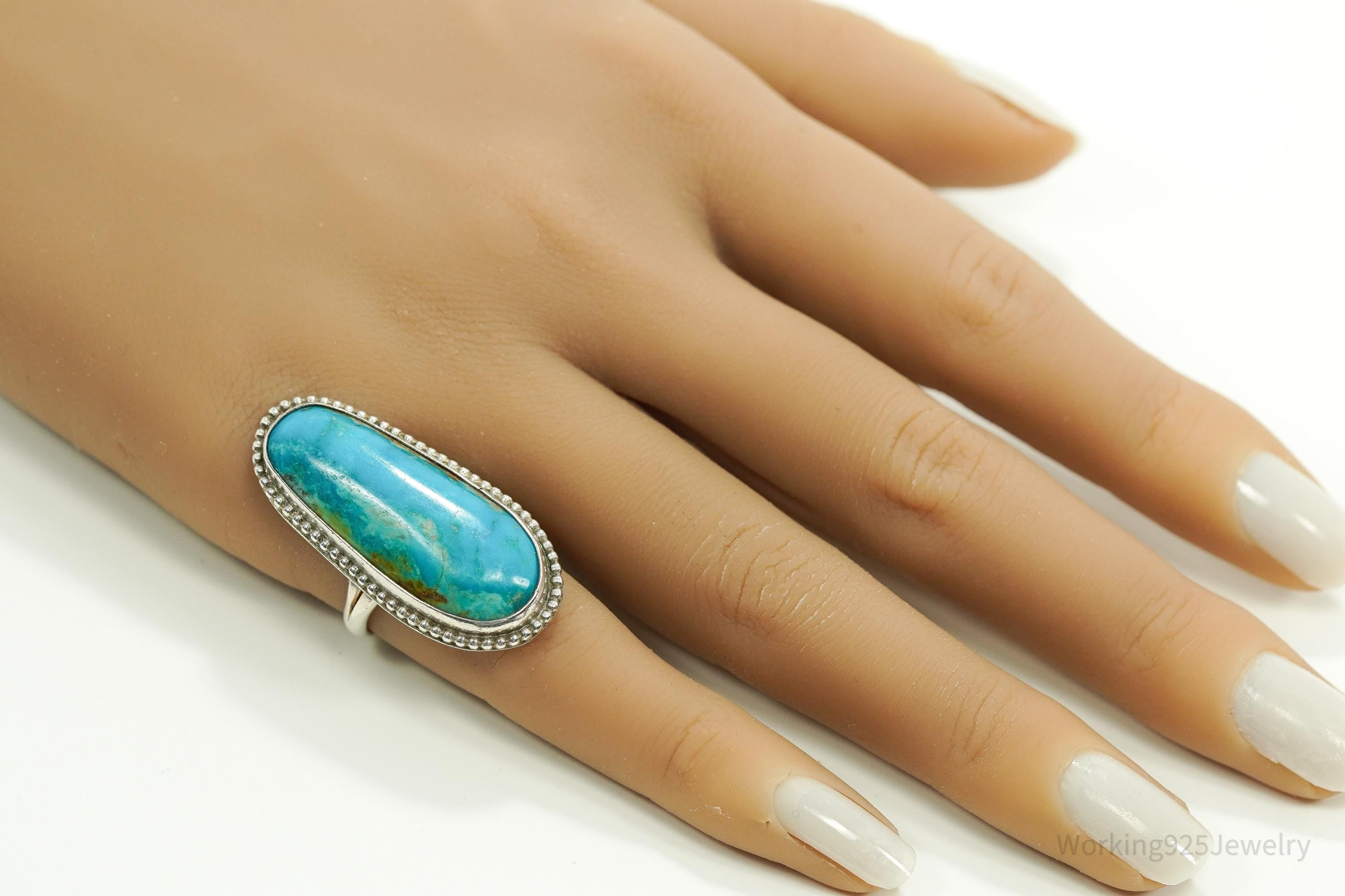 Vintage Handmade Native American Turquoise Unsigned Silver Ring - Size 6.75