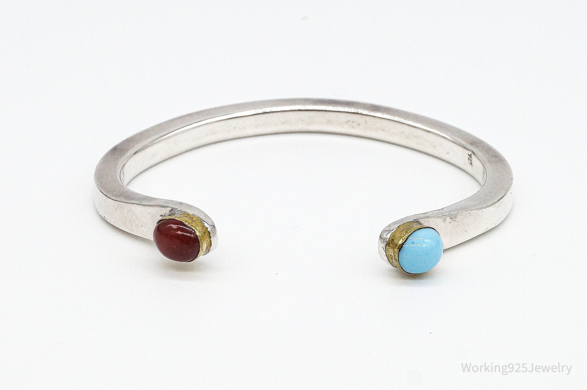 Vintage Turquoise Carnelian Brass Modernist Sterling Silver Cuff Bracelet