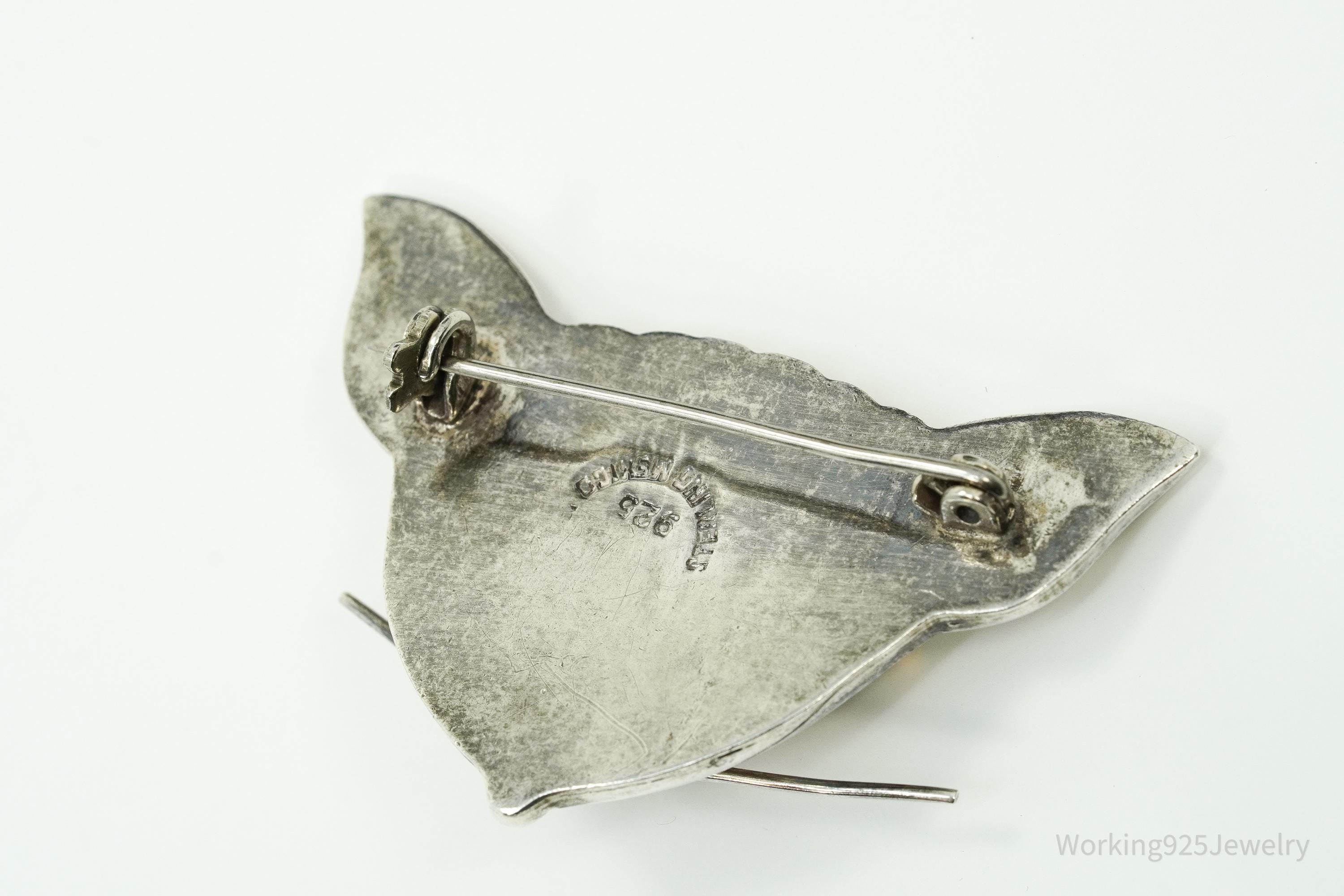 Large Vintage Mexico Amber Eyes Cat Head Sterling Silver Brooch Pin