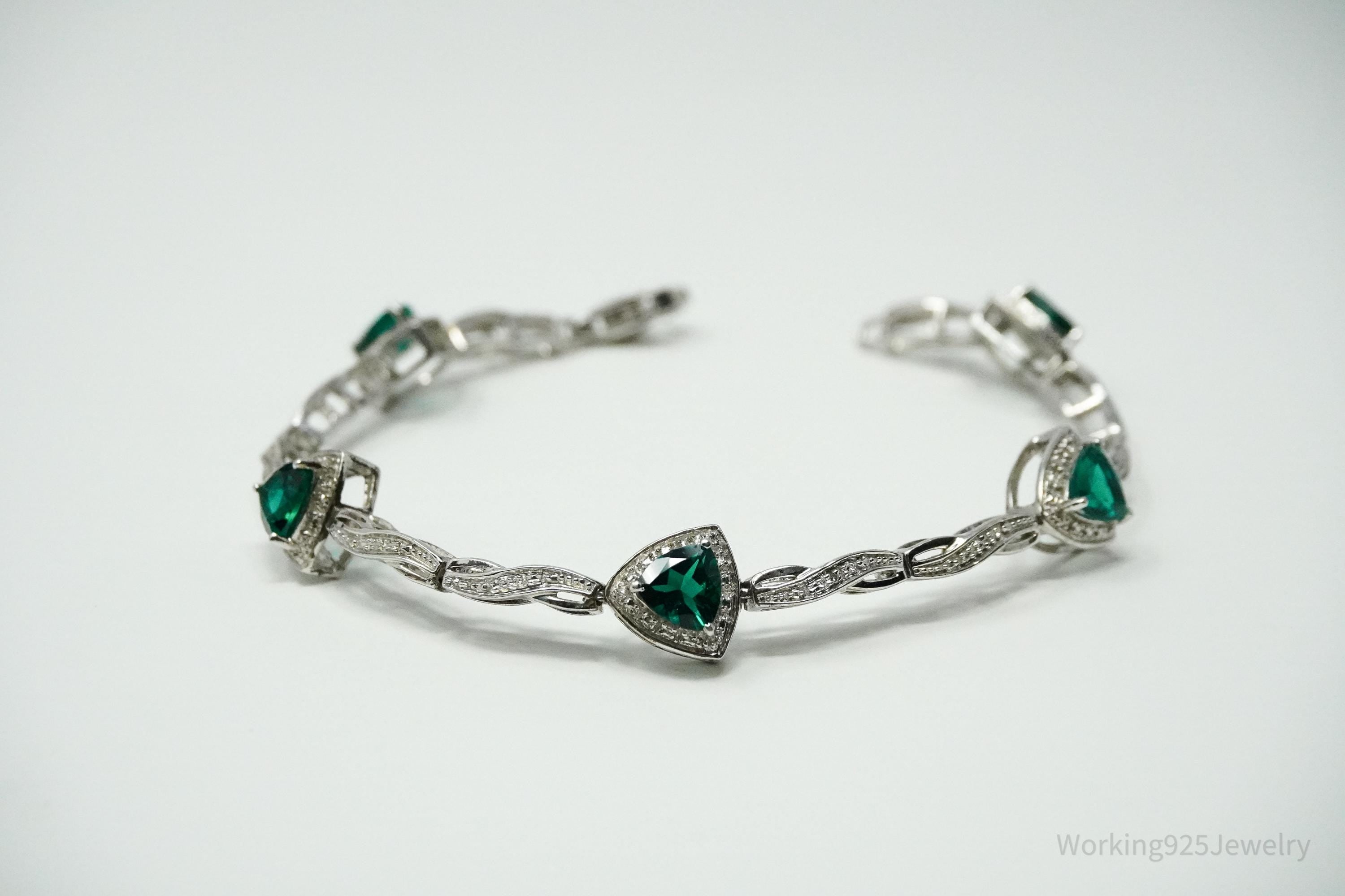 Vintage JWBR Lab Emerald & Single Diamond Sterling Silver Bracelet 7.25"
