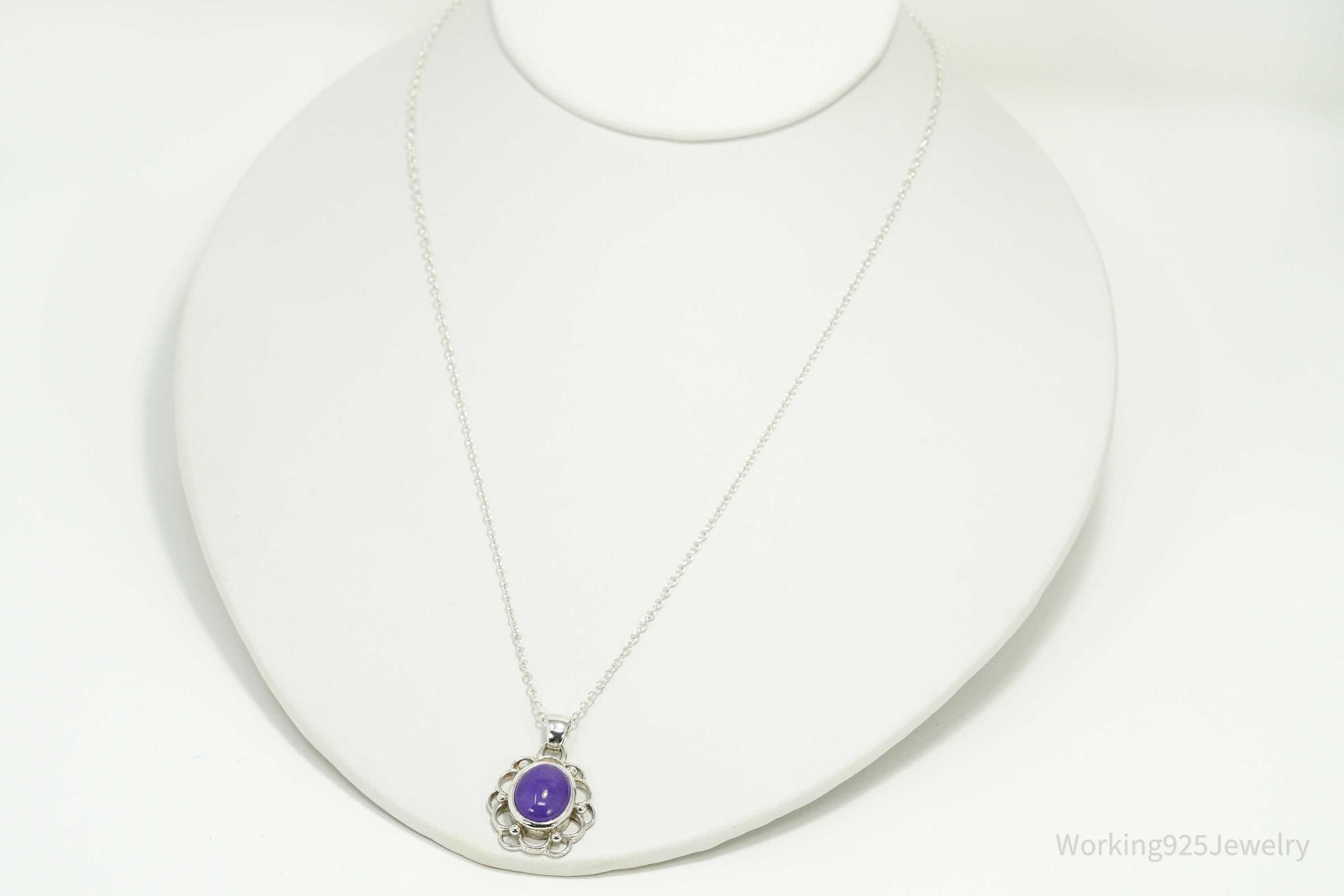 Vintage Purple Jade Sterling Silver Necklace 24"