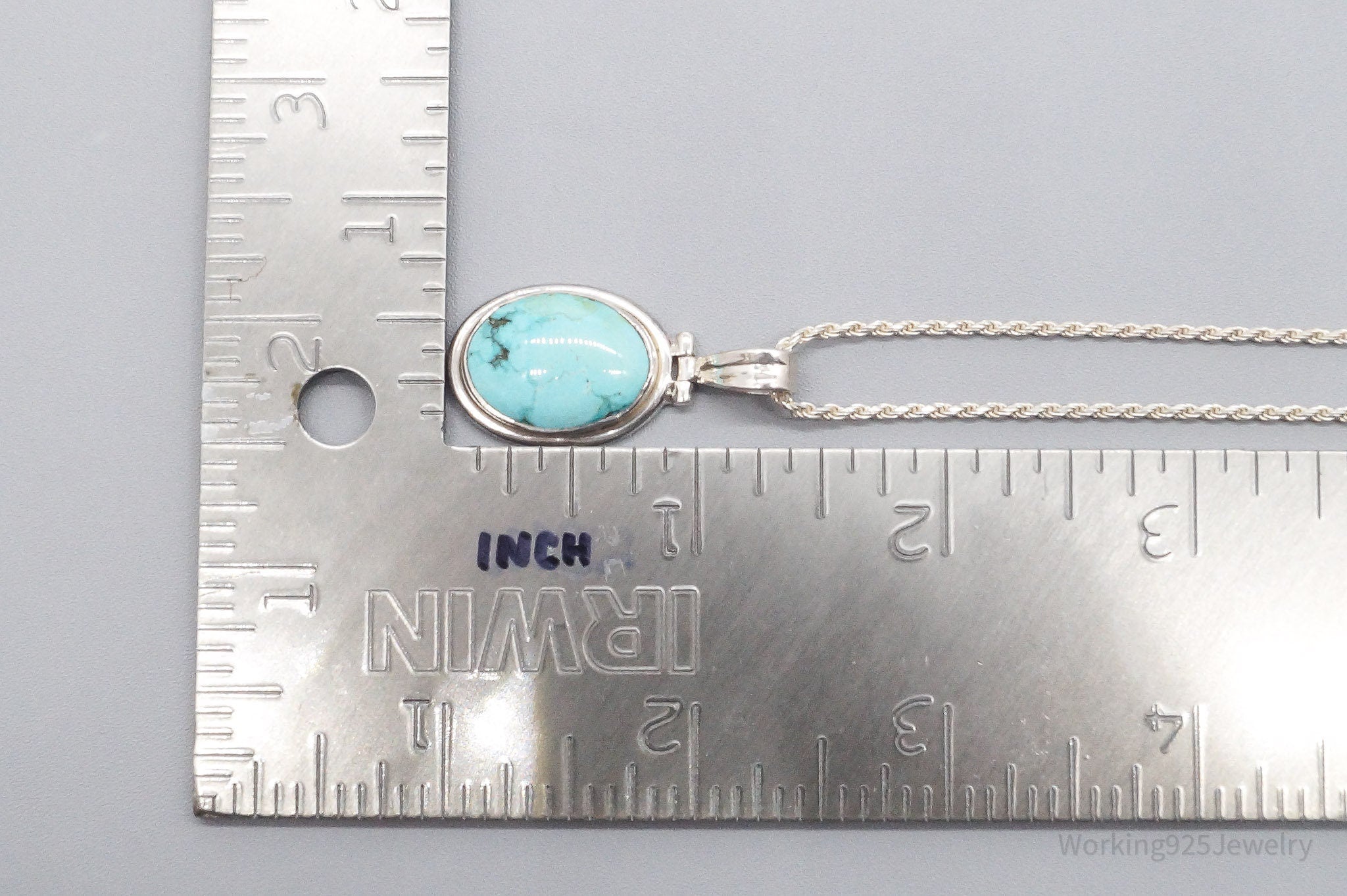 Vintage Large Blue Turquoise Pendant Sterling Silver Necklace 30"