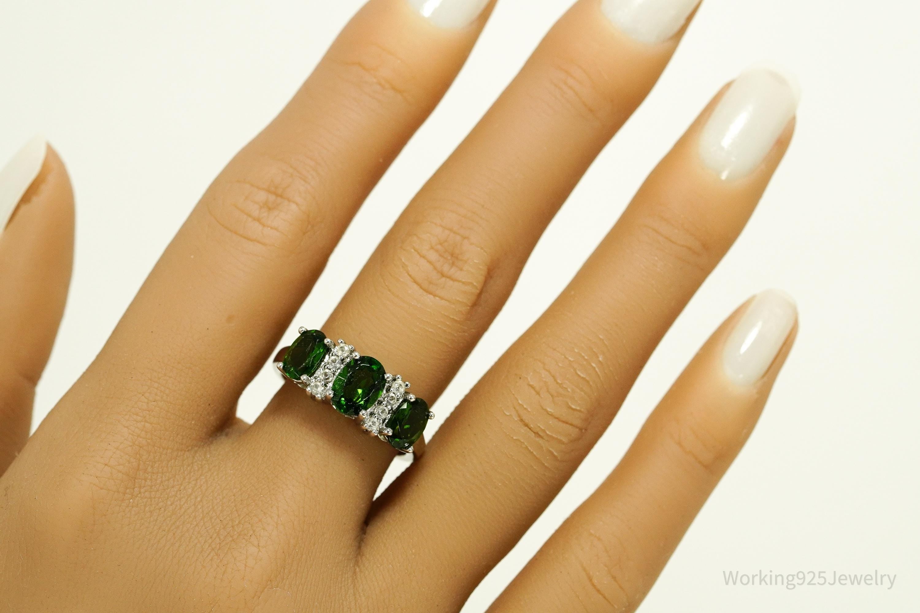 Green Chrome Diopside & White Topaz Sterling Silver Ring - Size 8.75
