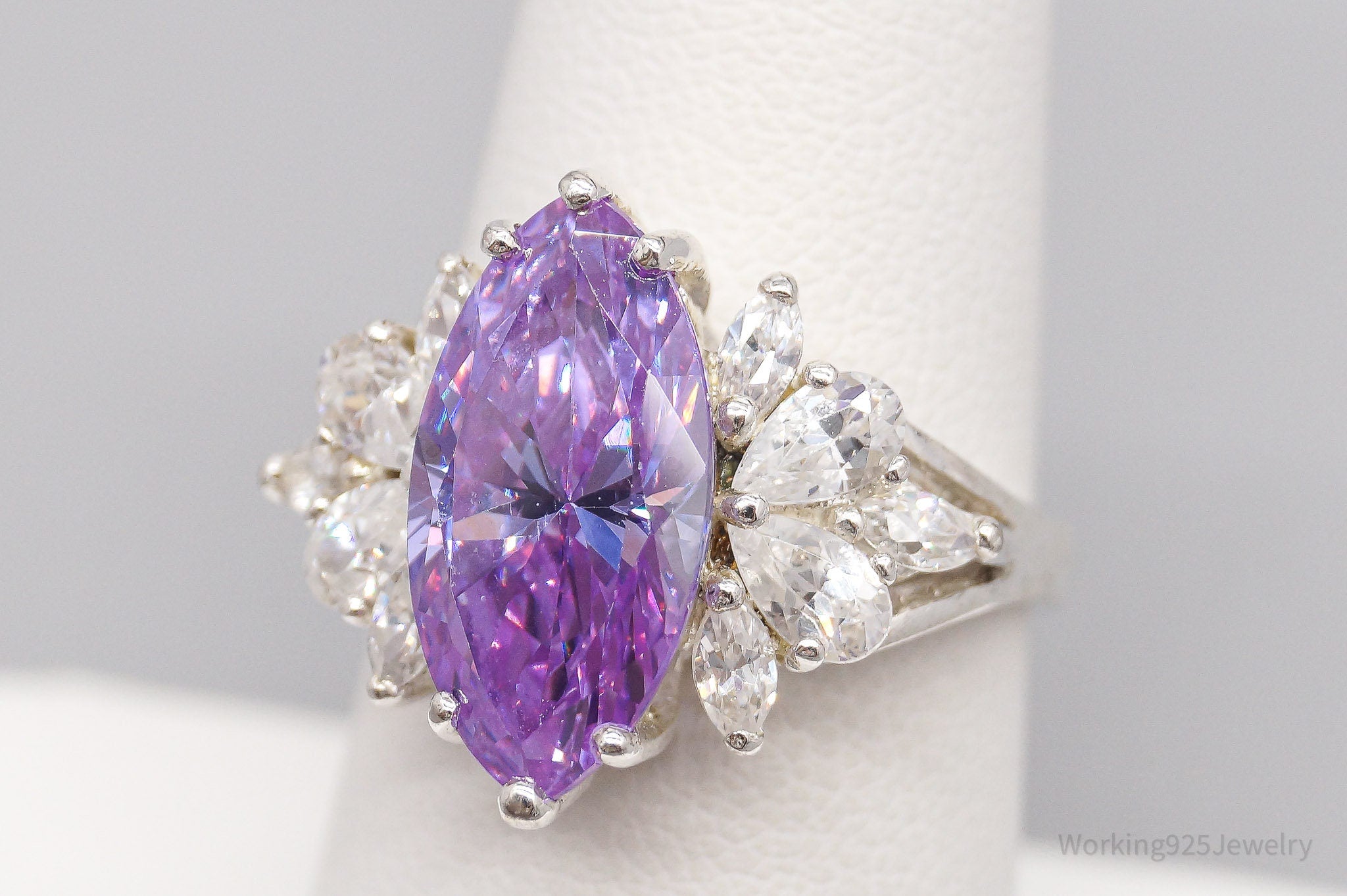 Vintage Purple & White Cubic Zirconia Sterling Silver Statement Ring - Size 7.75
