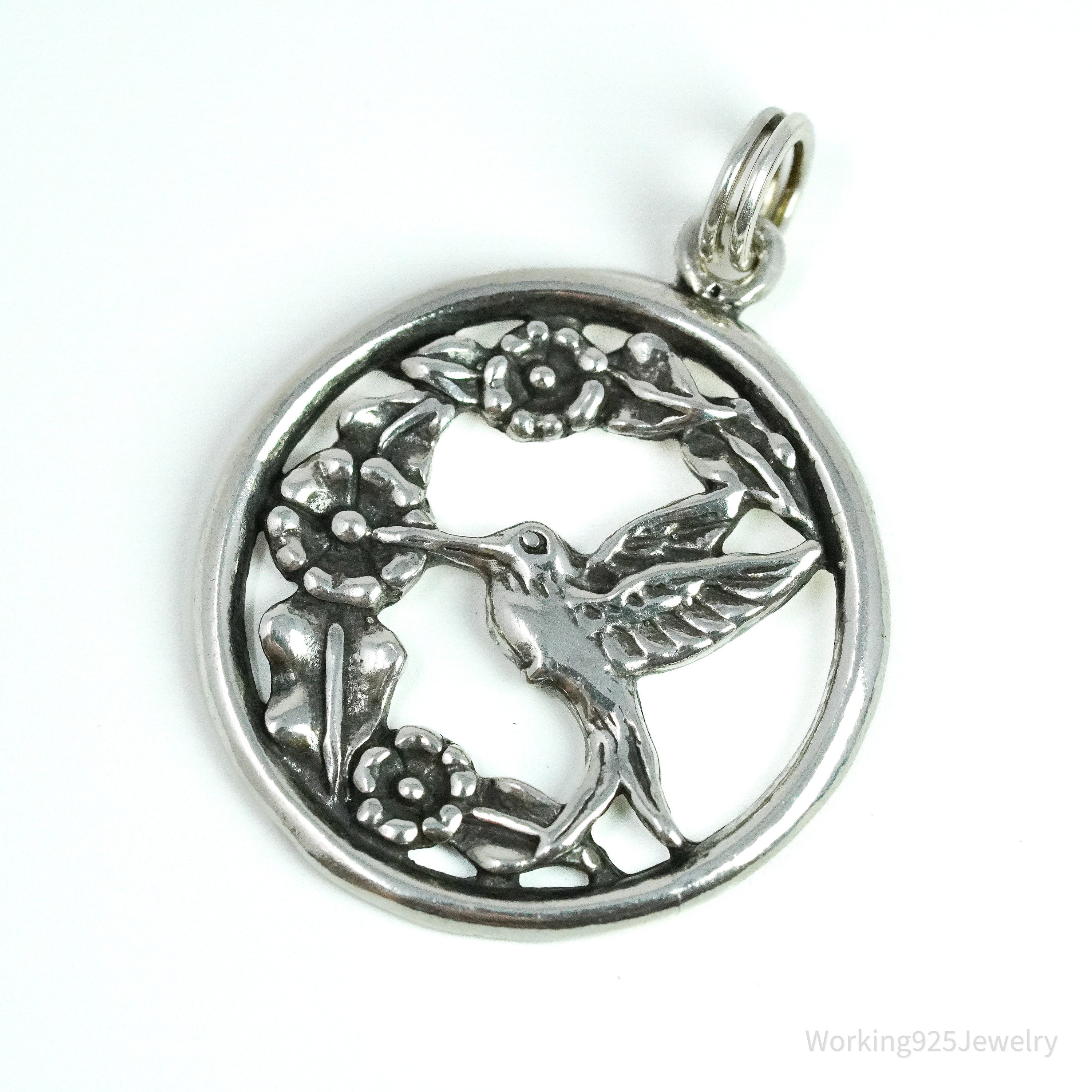 Vintage Hummingbird & Flowers Sterling Silver Charm Pendant