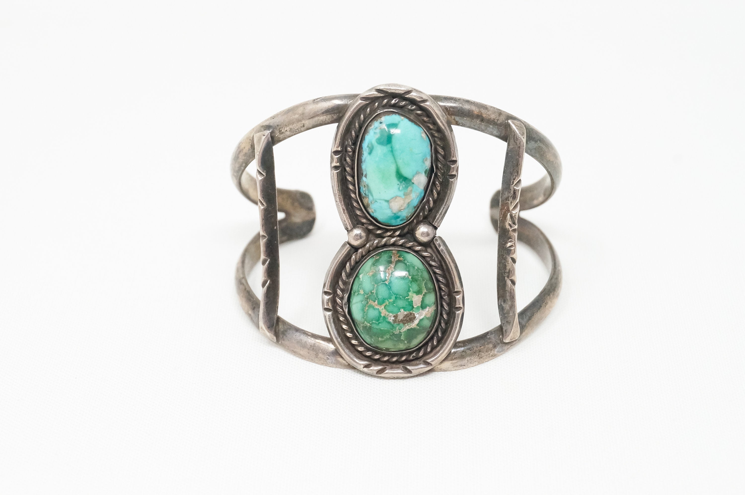 Vintage Southwestern Large Turquoise Rope Handmade Sterling Silver Cuff Bracelet