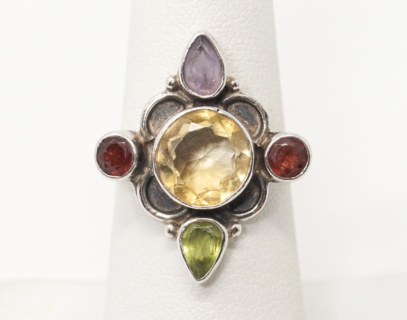 Vintage Multi Gemstone Sterling Silver Ring - SZ 6.75