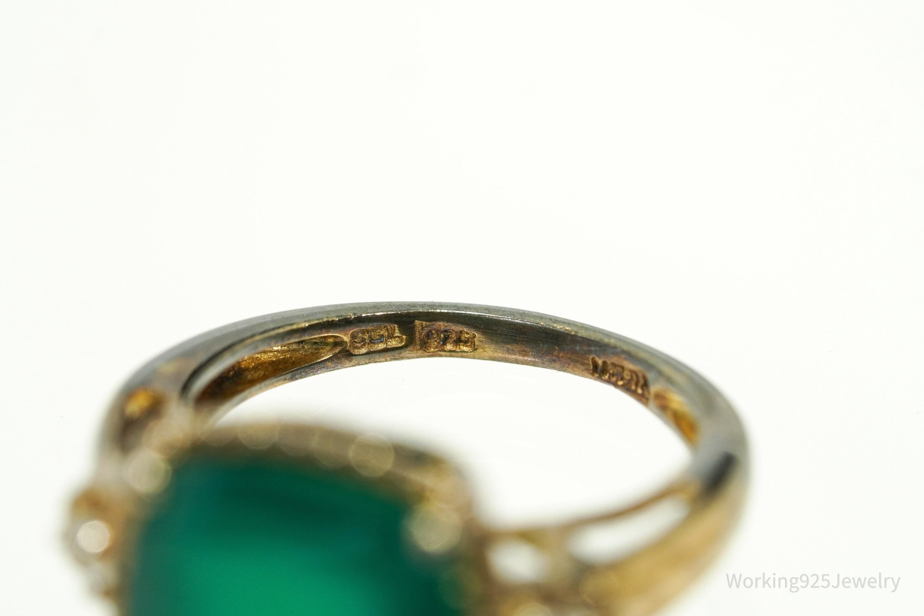 Vintage Green Onyx & Cubic Zirconia Gold Vermeil Sterling Silver Ring - Size 5.25