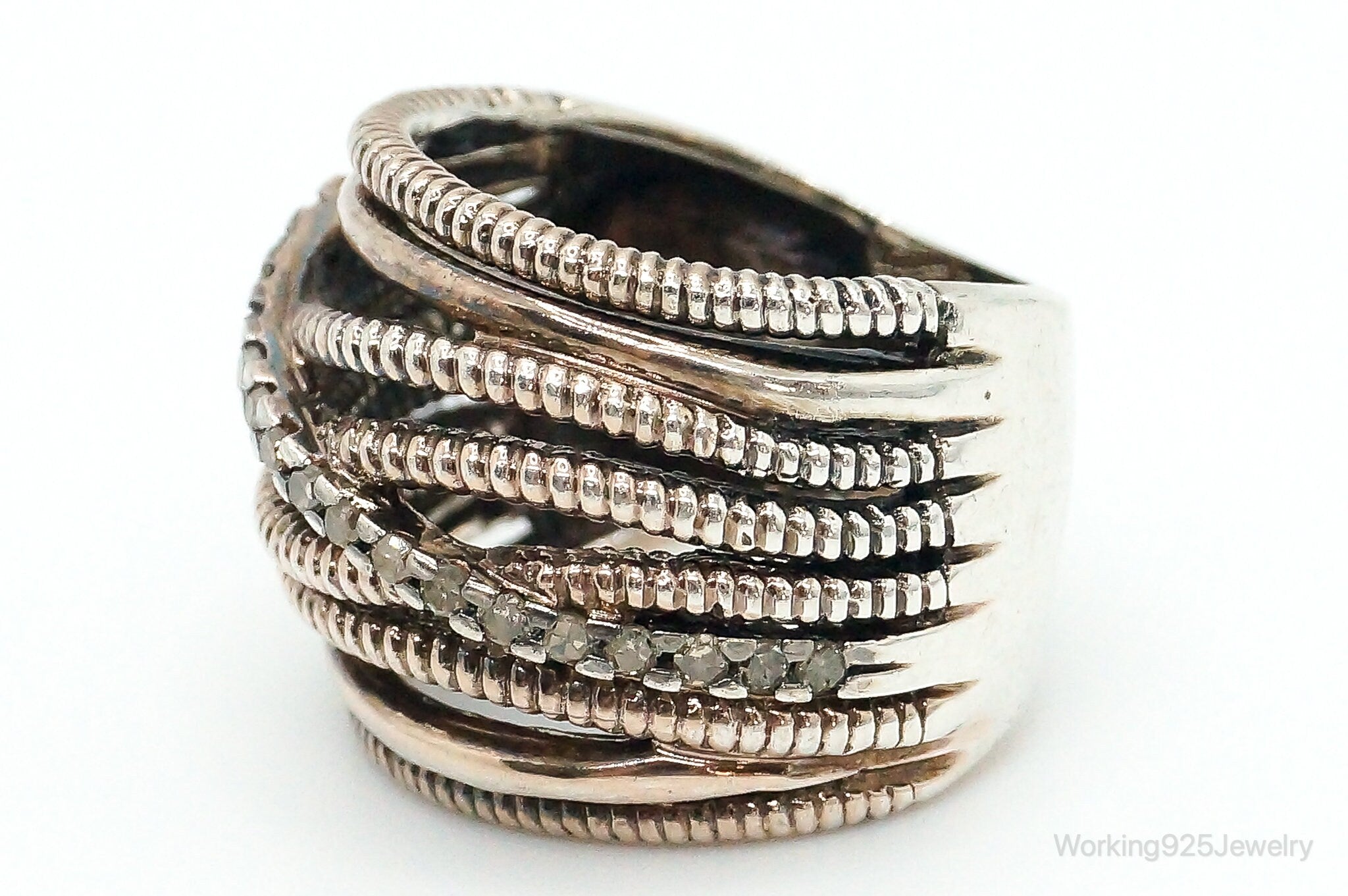 Vintage AK Cubic Zirconia Cable Sterling Silver Ring - Size 6