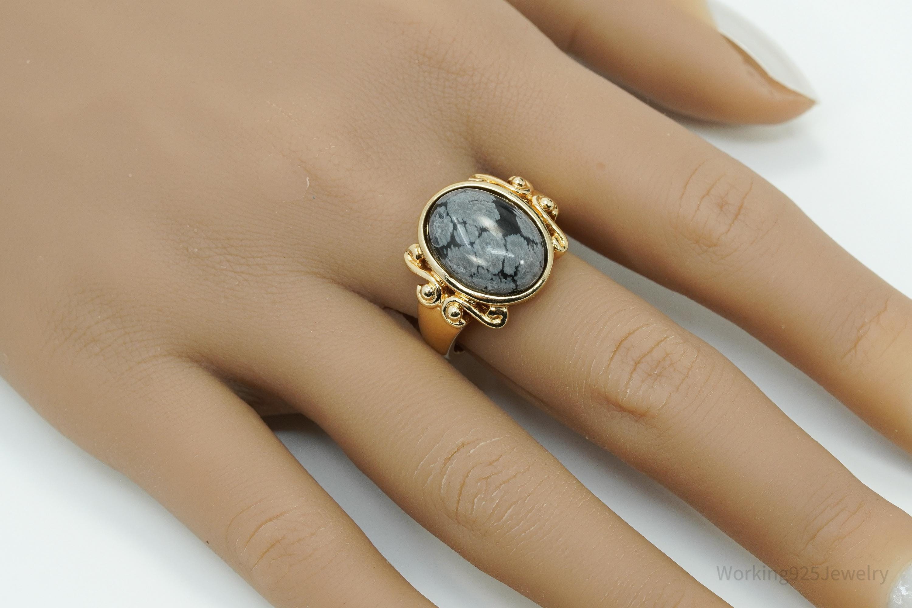 Designer Ross Simons Snowflake Obsidian Gold Over Sterling Silver Ring - SZ 9.75