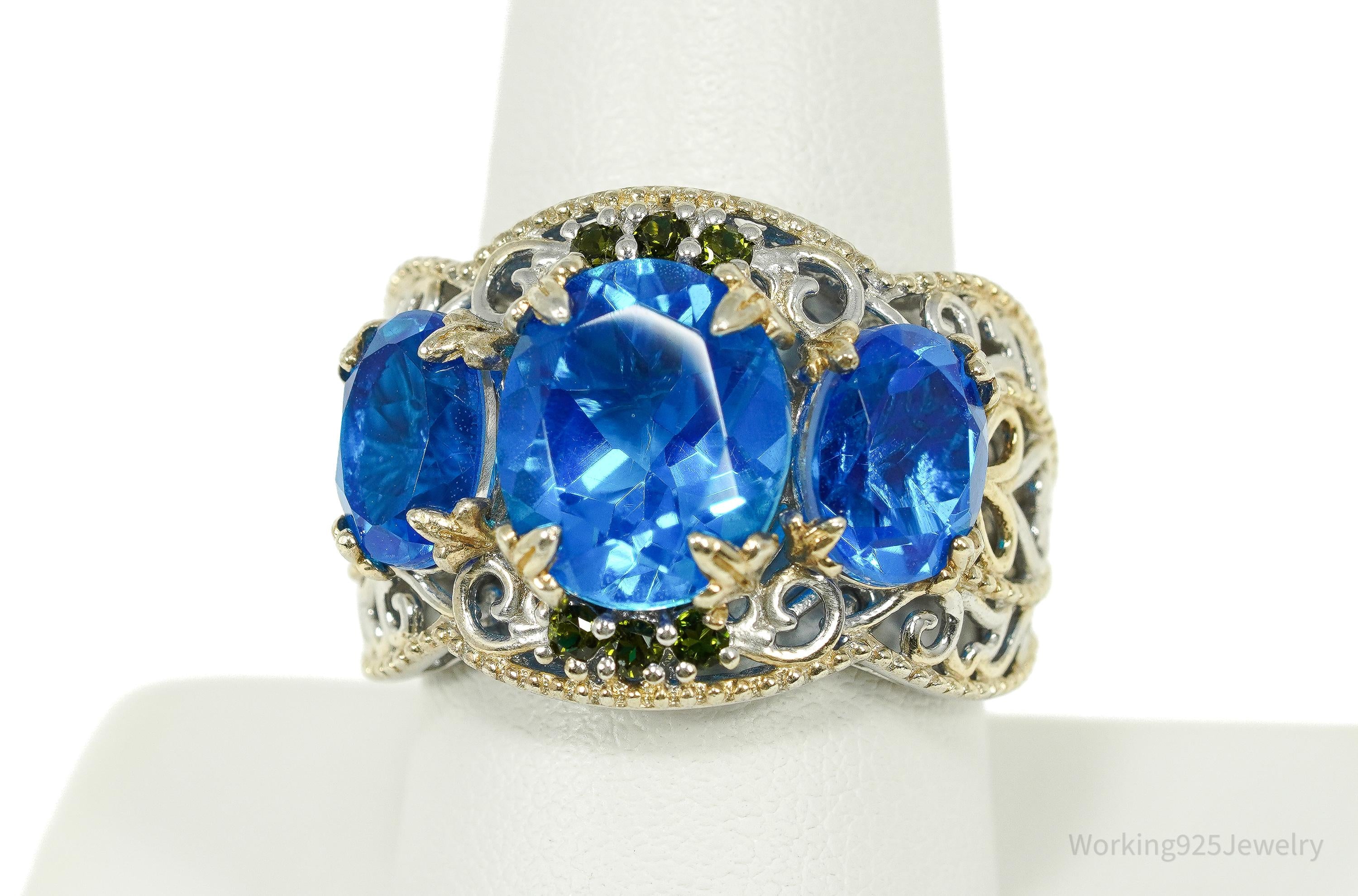 Vintage Chuck Clemency Blue Topaz & Peridot Gold Vermeil Sterling Silver Ring - Size 9.25