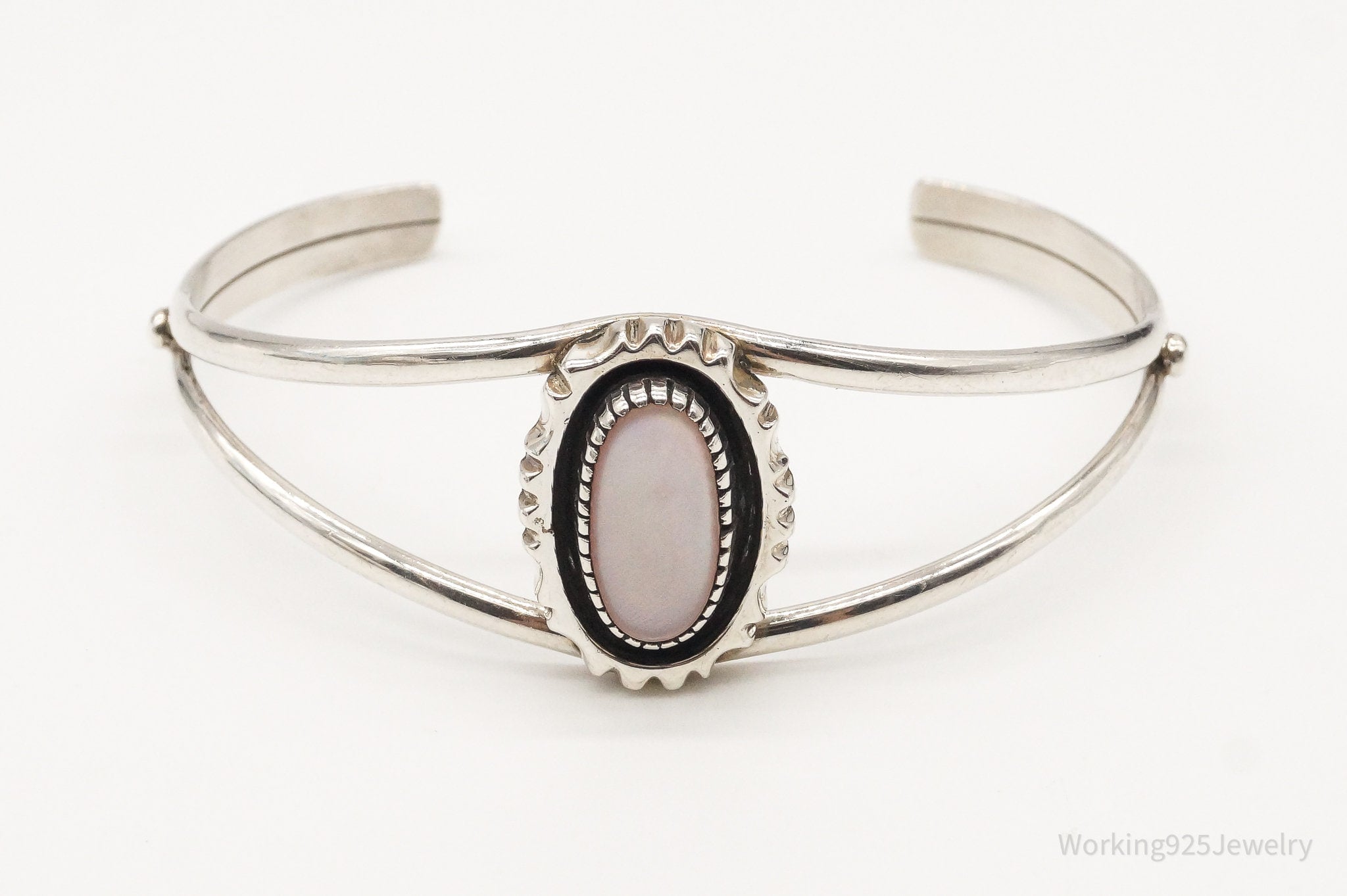 Vintage Native American Pink Mother Of Pearl Sterling Silver Cuff Bracelet