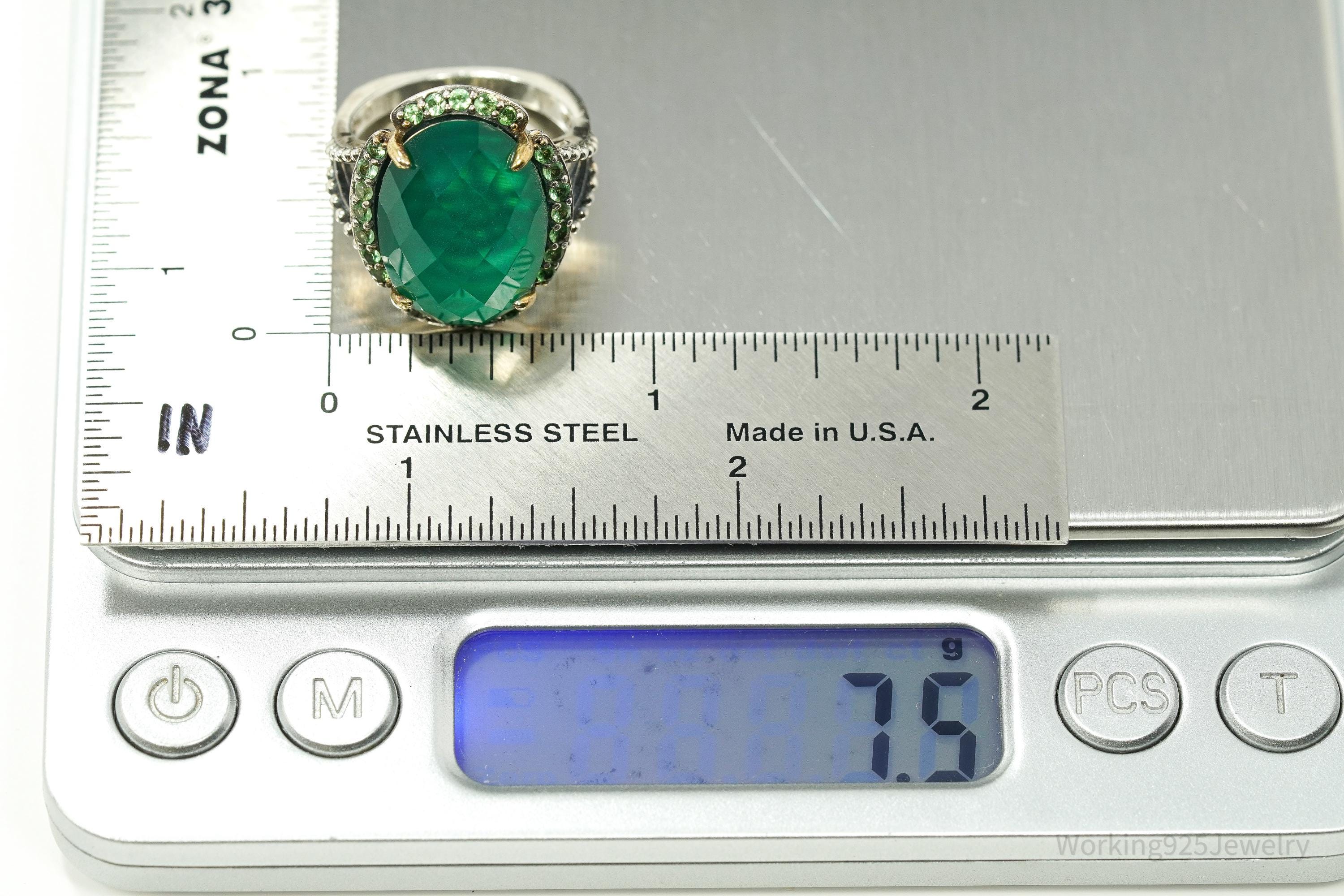 Vintage Green Chrysoprase & Peridot Gold Vermeil Sterling Silver Ring - Size 7