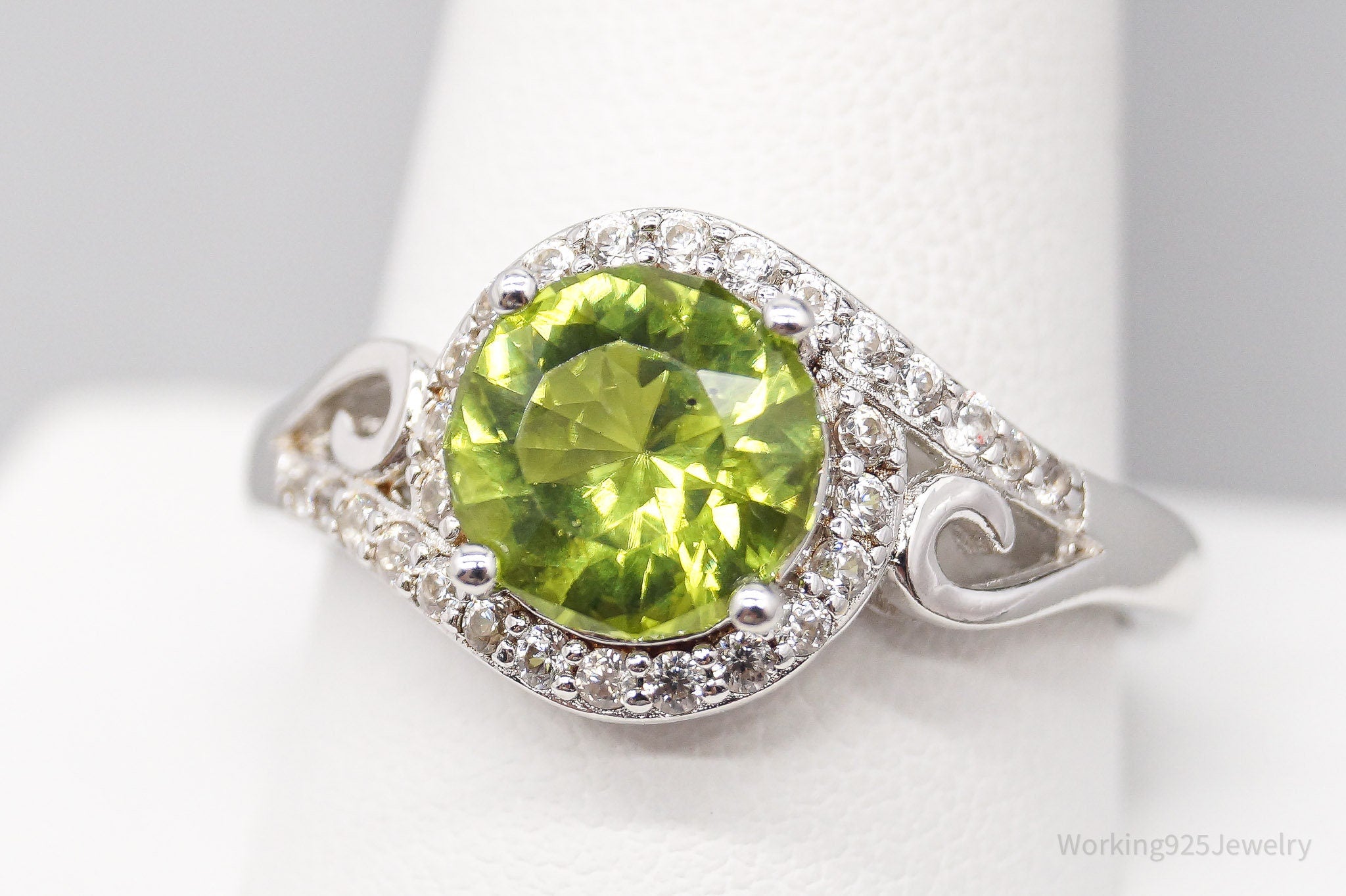 BBJ Manchurian Peridot White Zircon Rhodium Over Sterling Silver Ring - Size 12