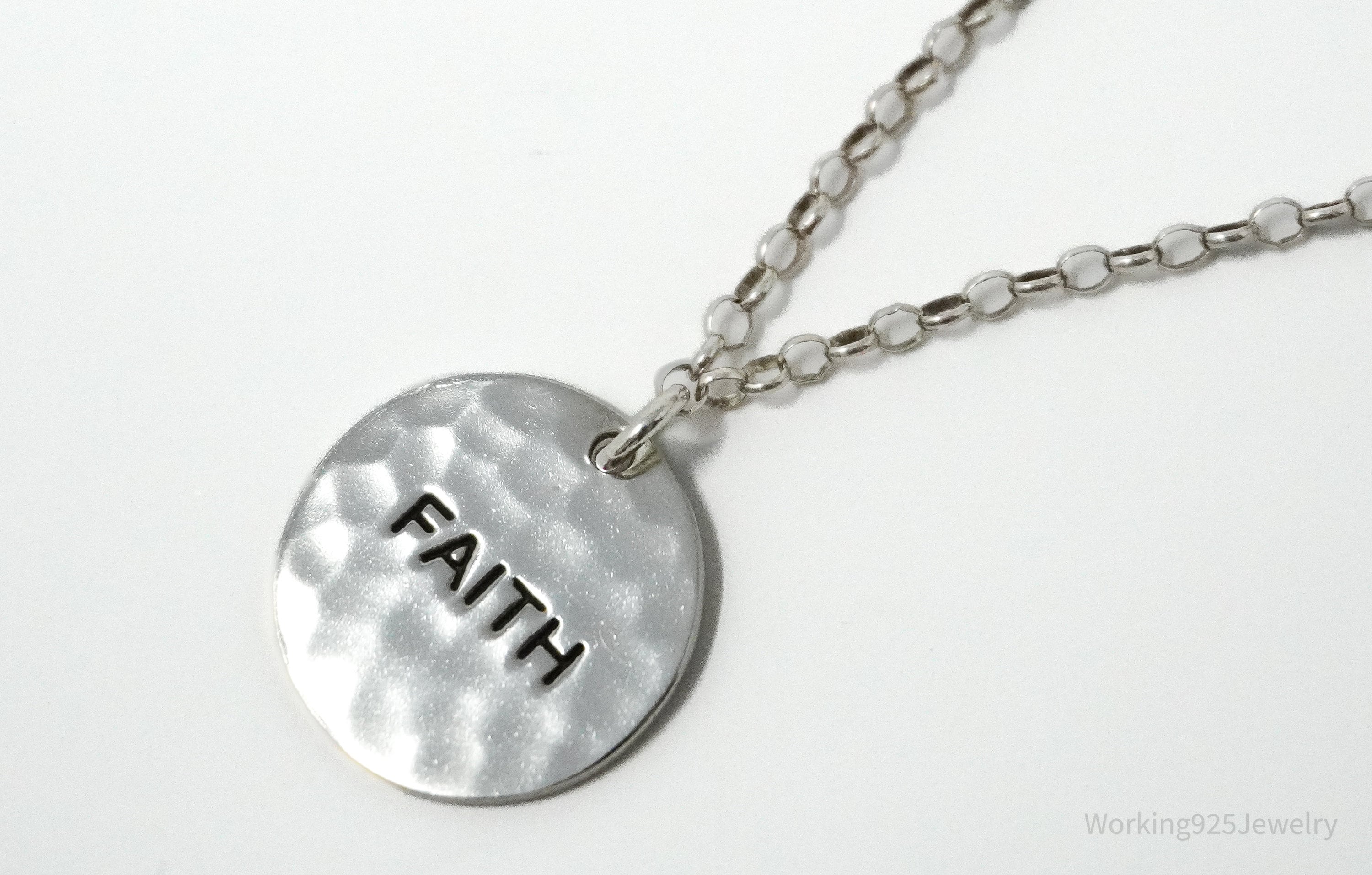 Vintage FAITH Sterling Silver Hammered Style Pendant Necklace 17"