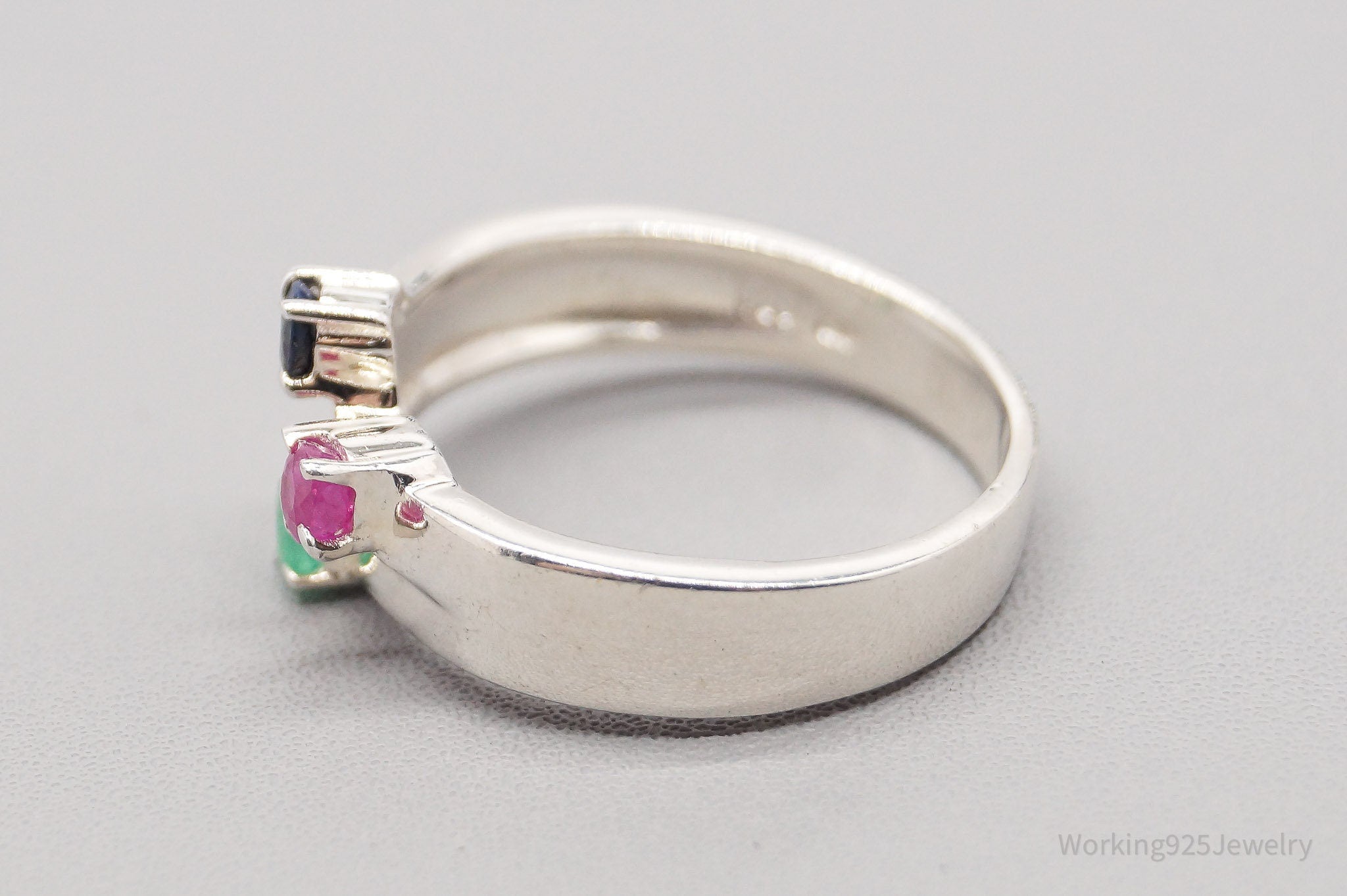 Vintage Ruby Emerald Sapphire Sterling Silver Ring - Size 7