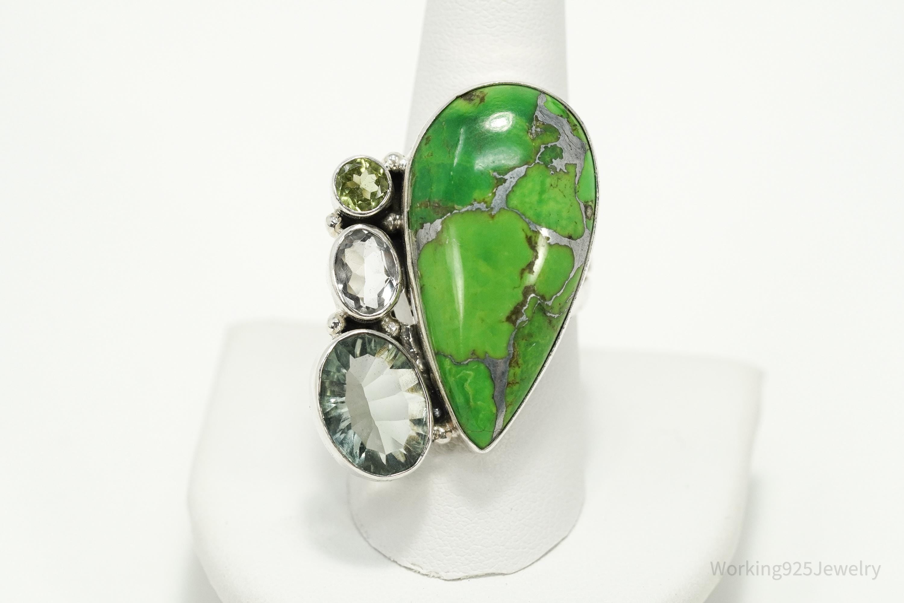 Vintage Green Mojave Turquoise Multi Gemstone Sterling Silver Ring - Size 8.5