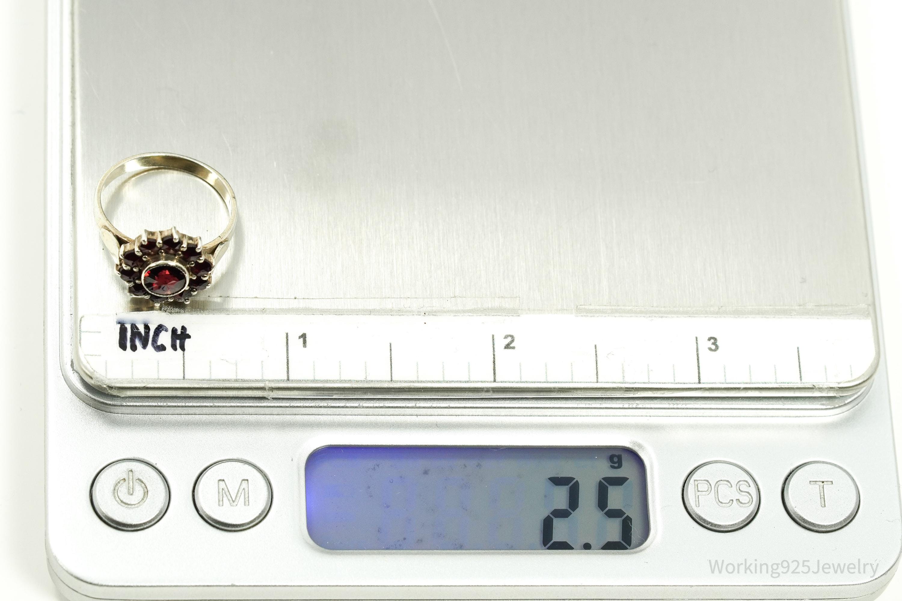 Antique Bohemian Garnet Flower Gold Wash Silver Ring - Size 5.5