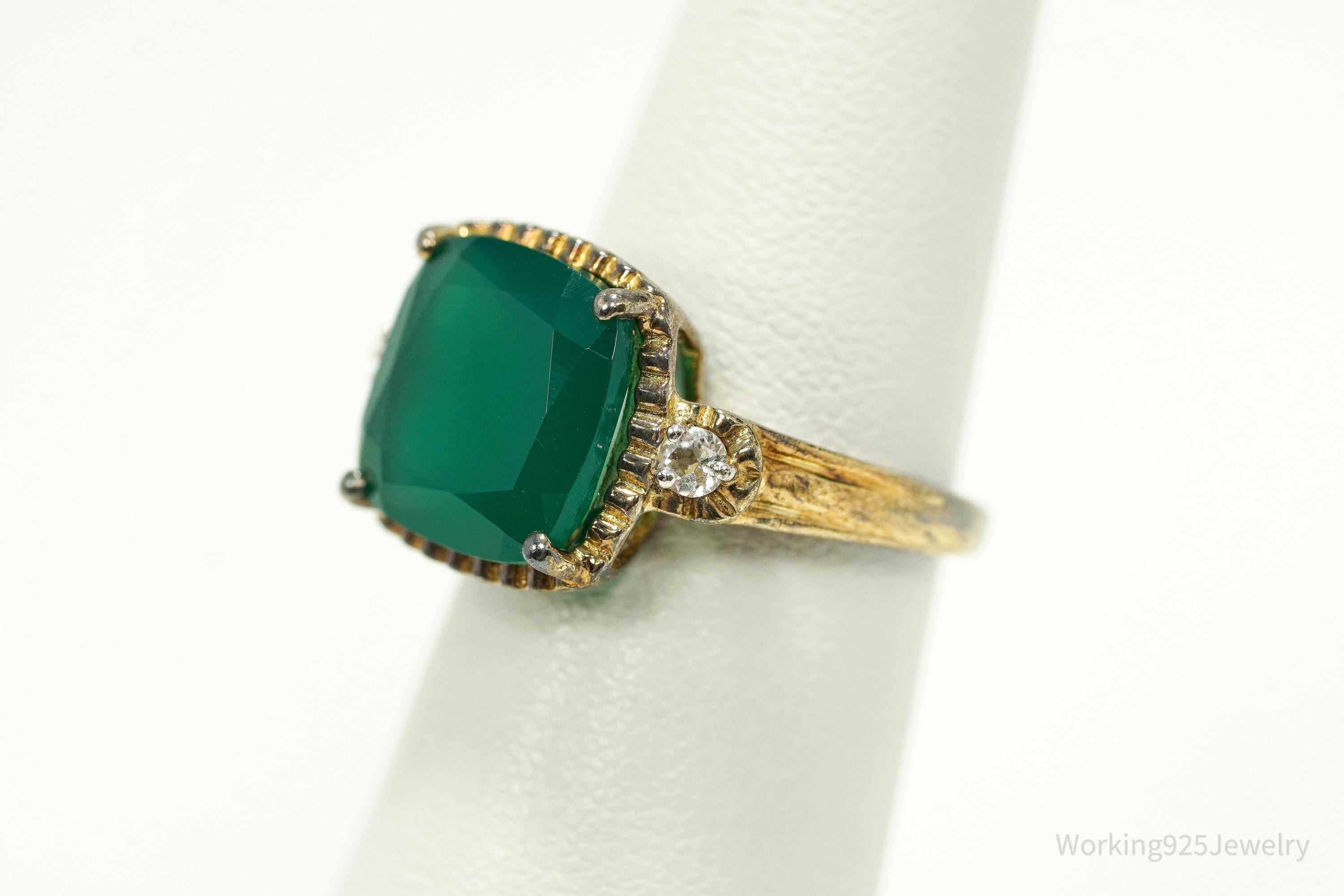 Vintage Green Onyx & Cubic Zirconia Gold Vermeil Sterling Silver Ring - Size 5.25