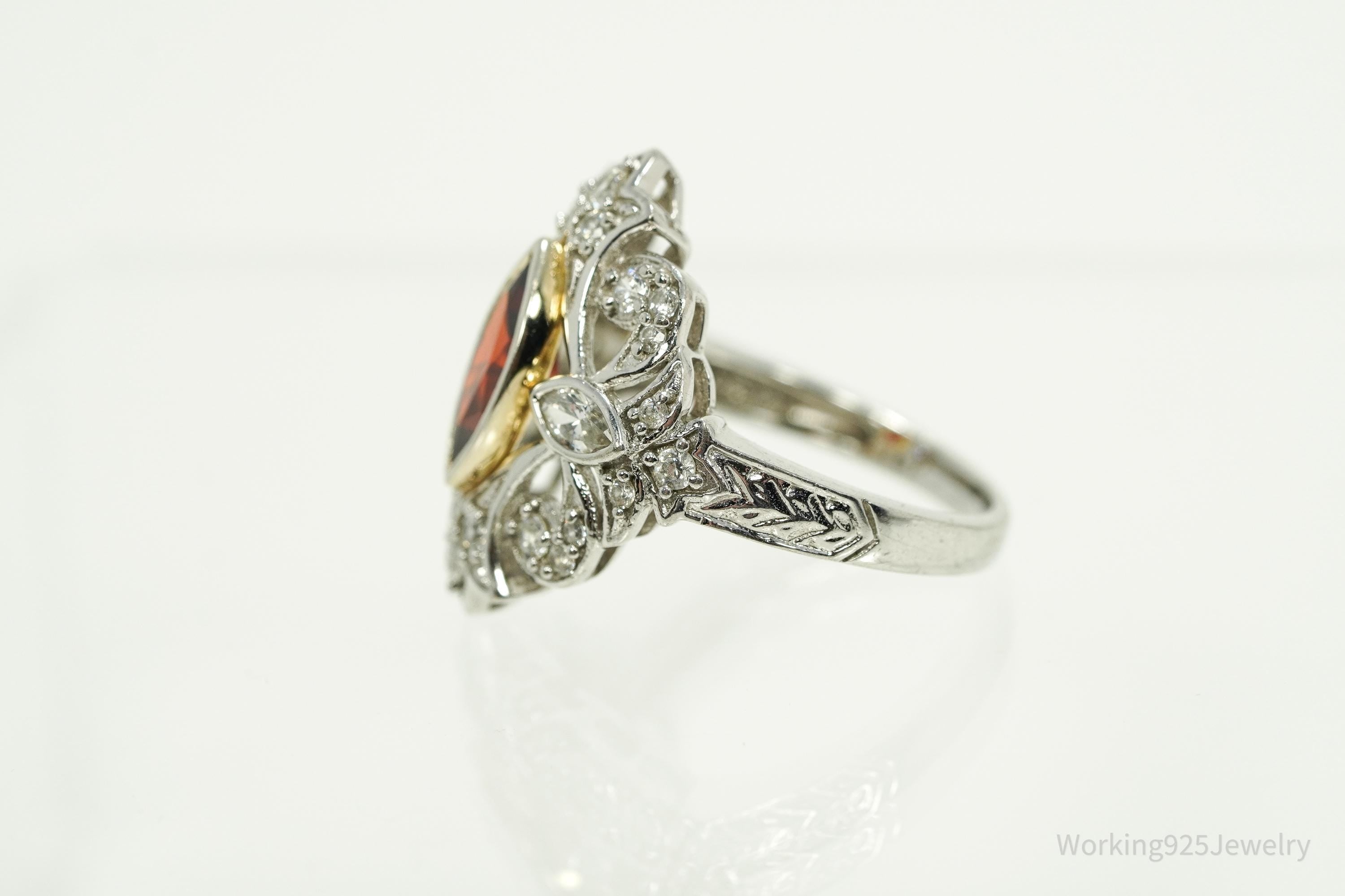 Vintage Garnet & White Zircon Sterling Silver Ring - Size 7