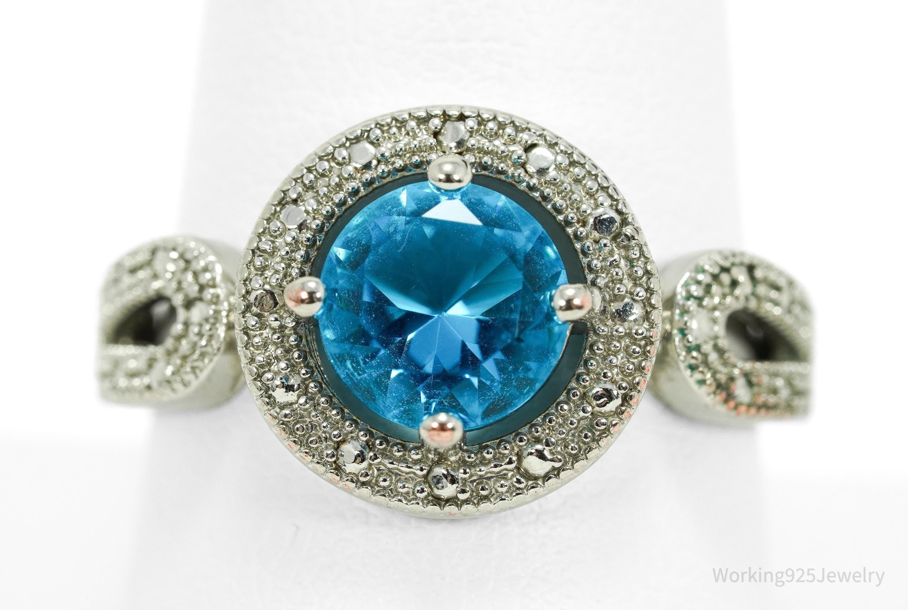 Vintage Faux Blue Topaz Sterling Silver Plated Ring - Size 9.25