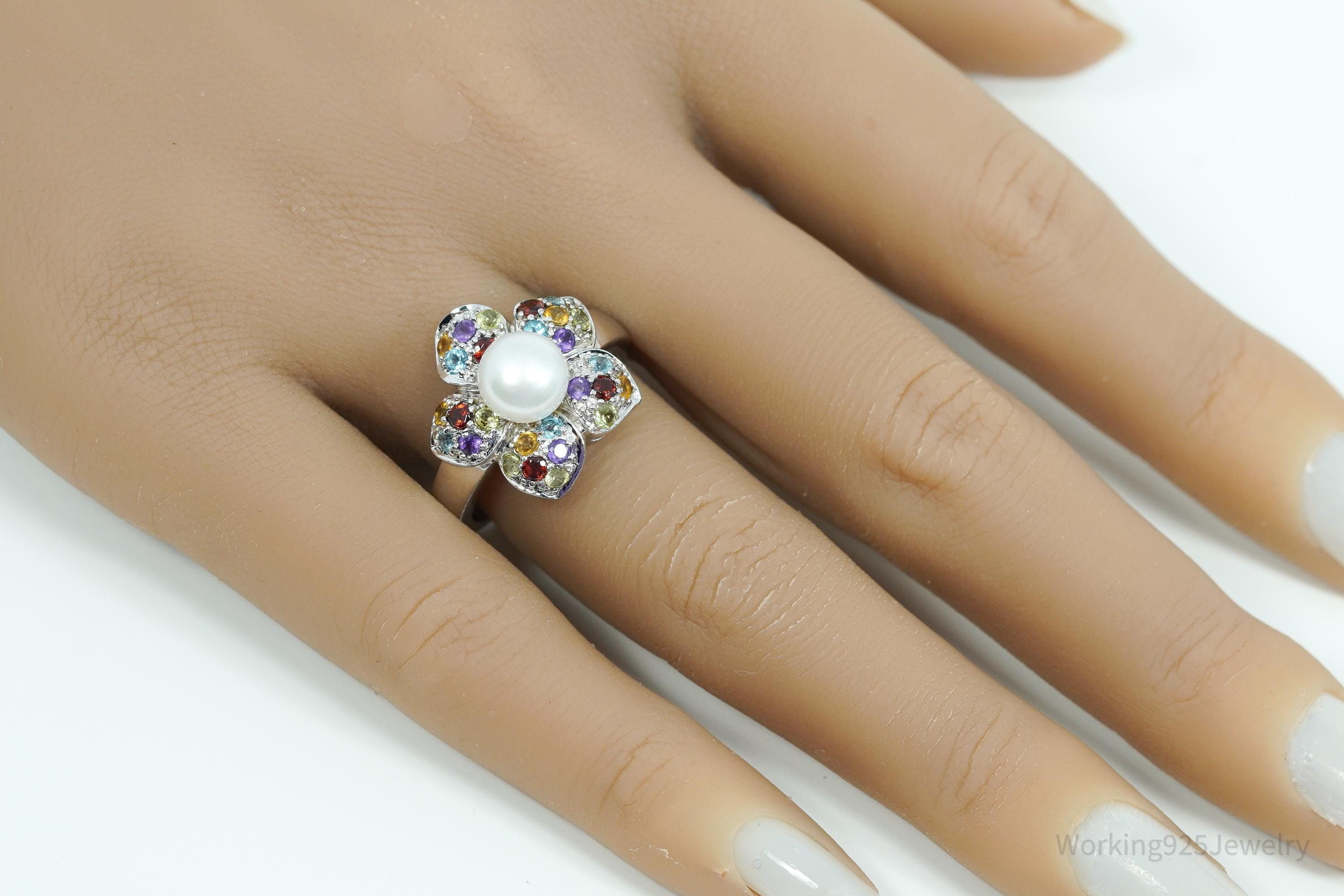 Vintage Designer Pearl & Multi Gem Sterling Silver Ring - Size 8