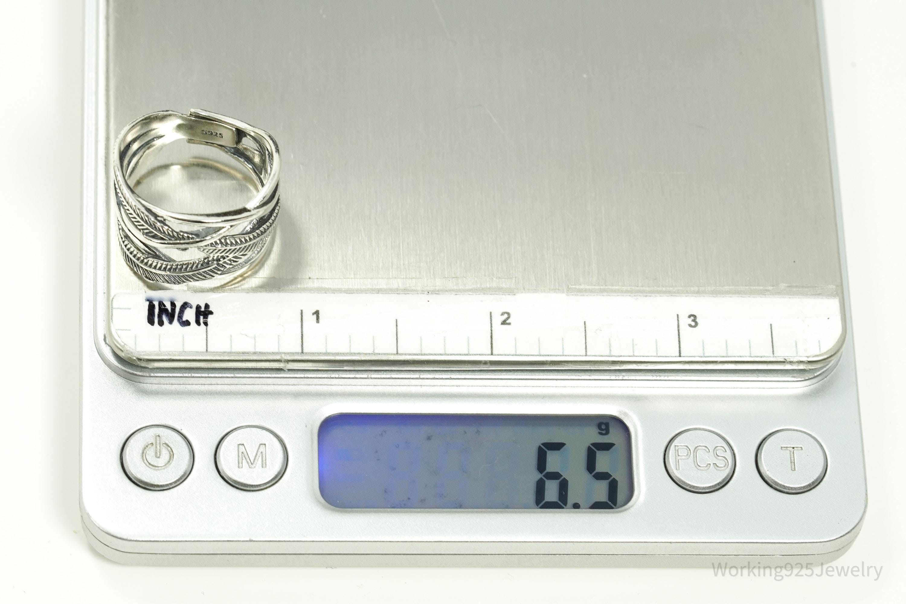 Vintage Feather Wrap Southwestern Sterling Silver Ring - Size 9.25 Adjustable