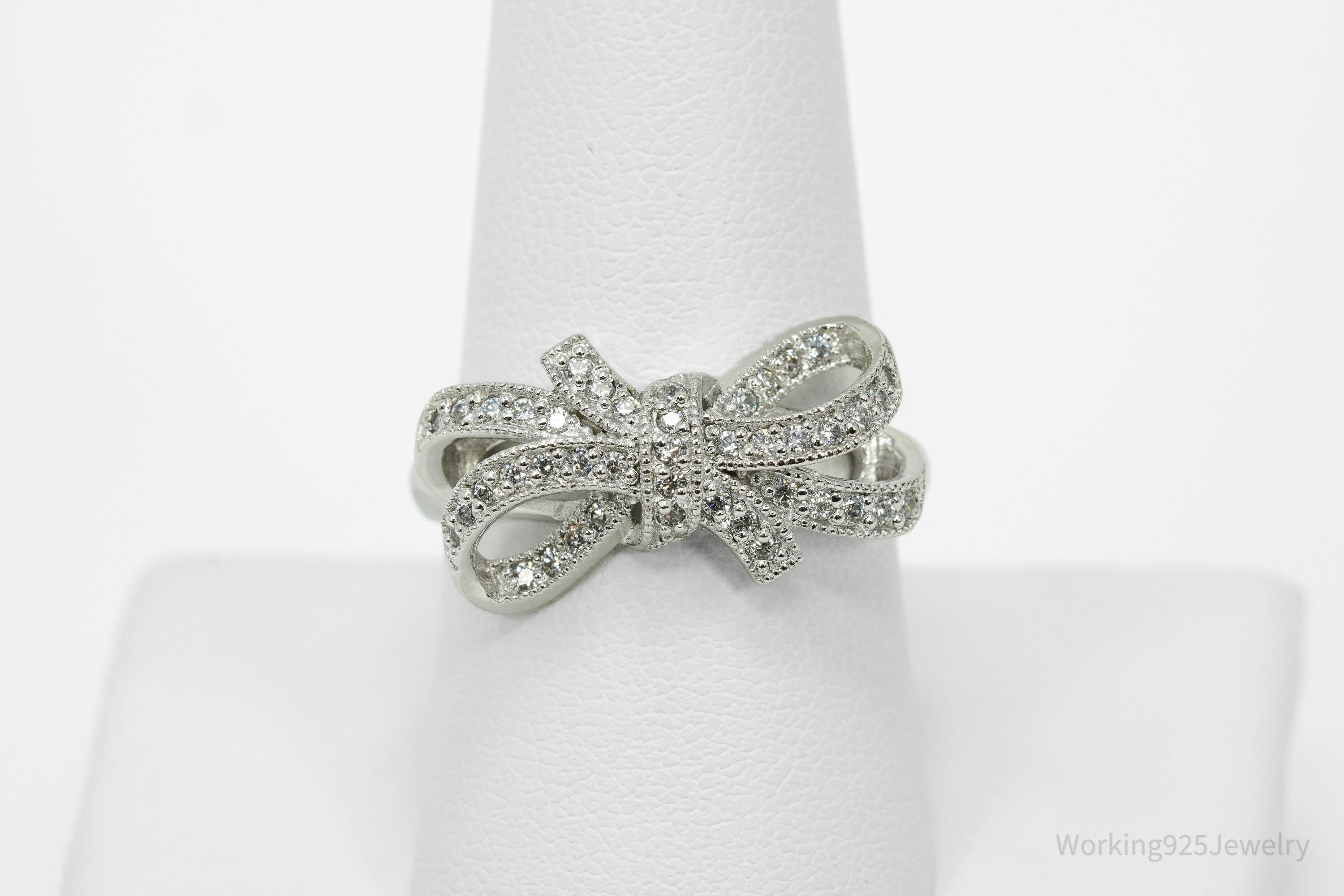 Vintage Cubic Zirconia Bow Sterling Silver Ring - Size 8.75