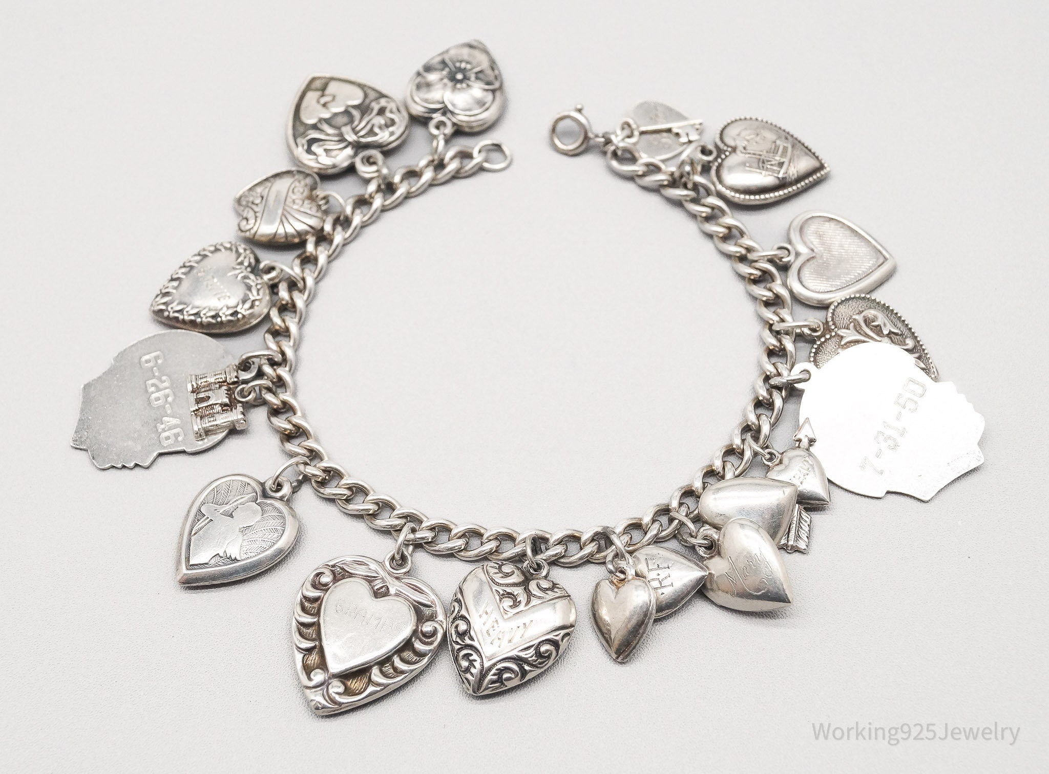 Antique Vintage Puffy Hearts Charms Sterling Silver Charm Bracelet