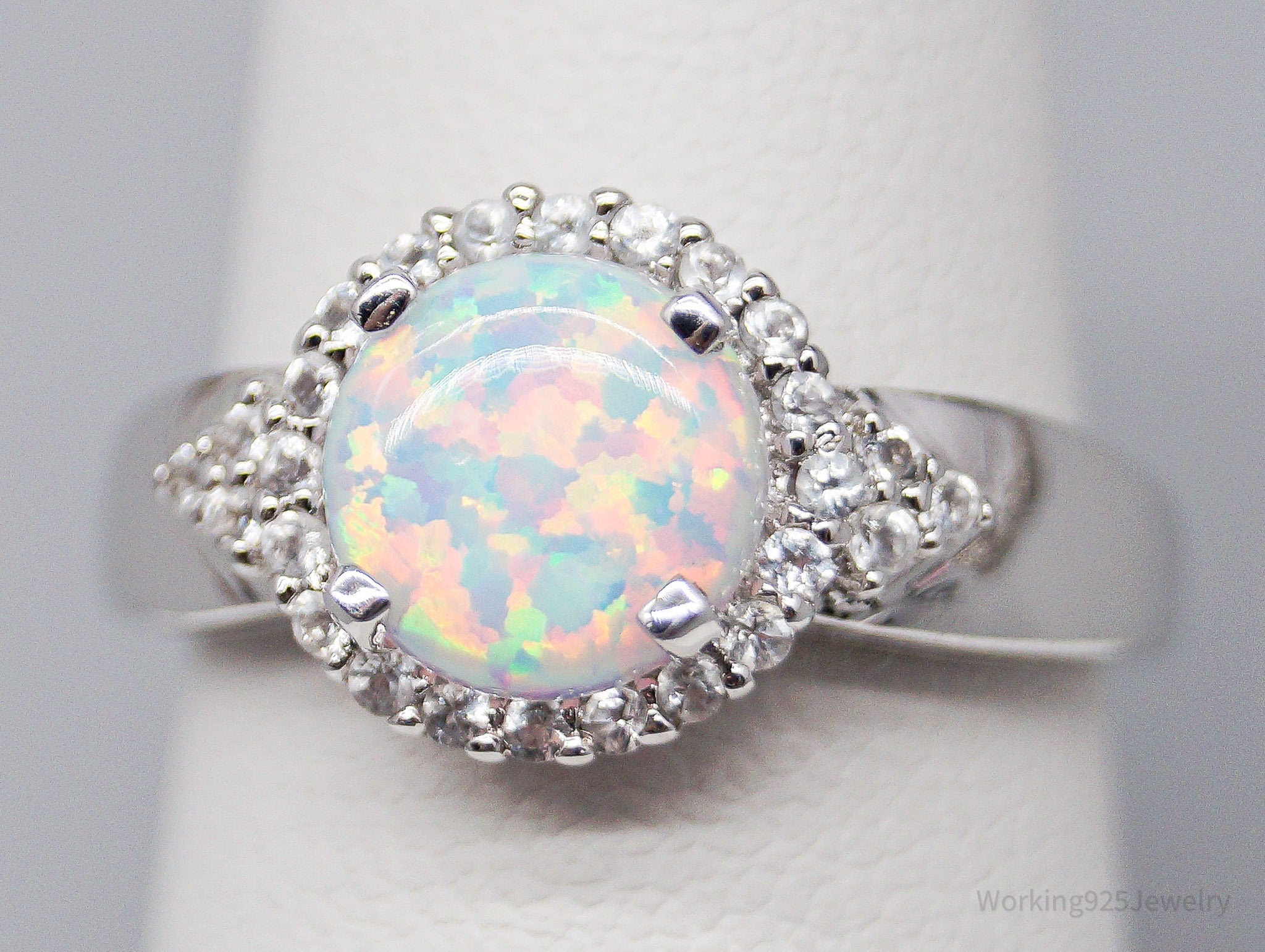 Vintage White Opal Cubic Zirconia Sterling Silver Ring - Size 7