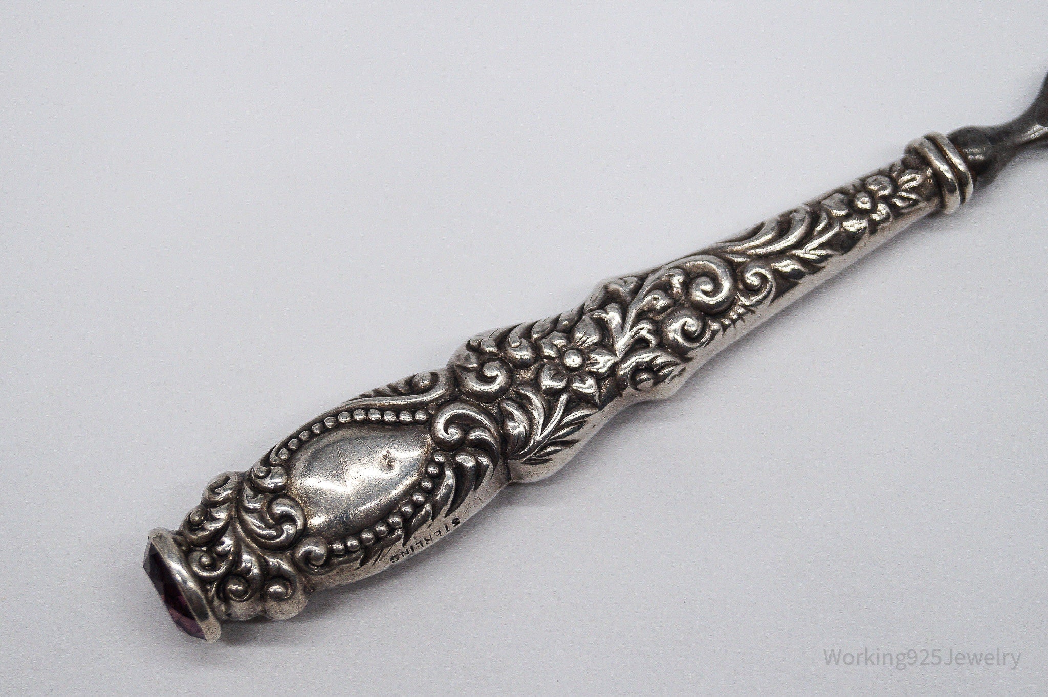 Large Rare Antique Repousse Purple Glass End Sterling Silver Nail File