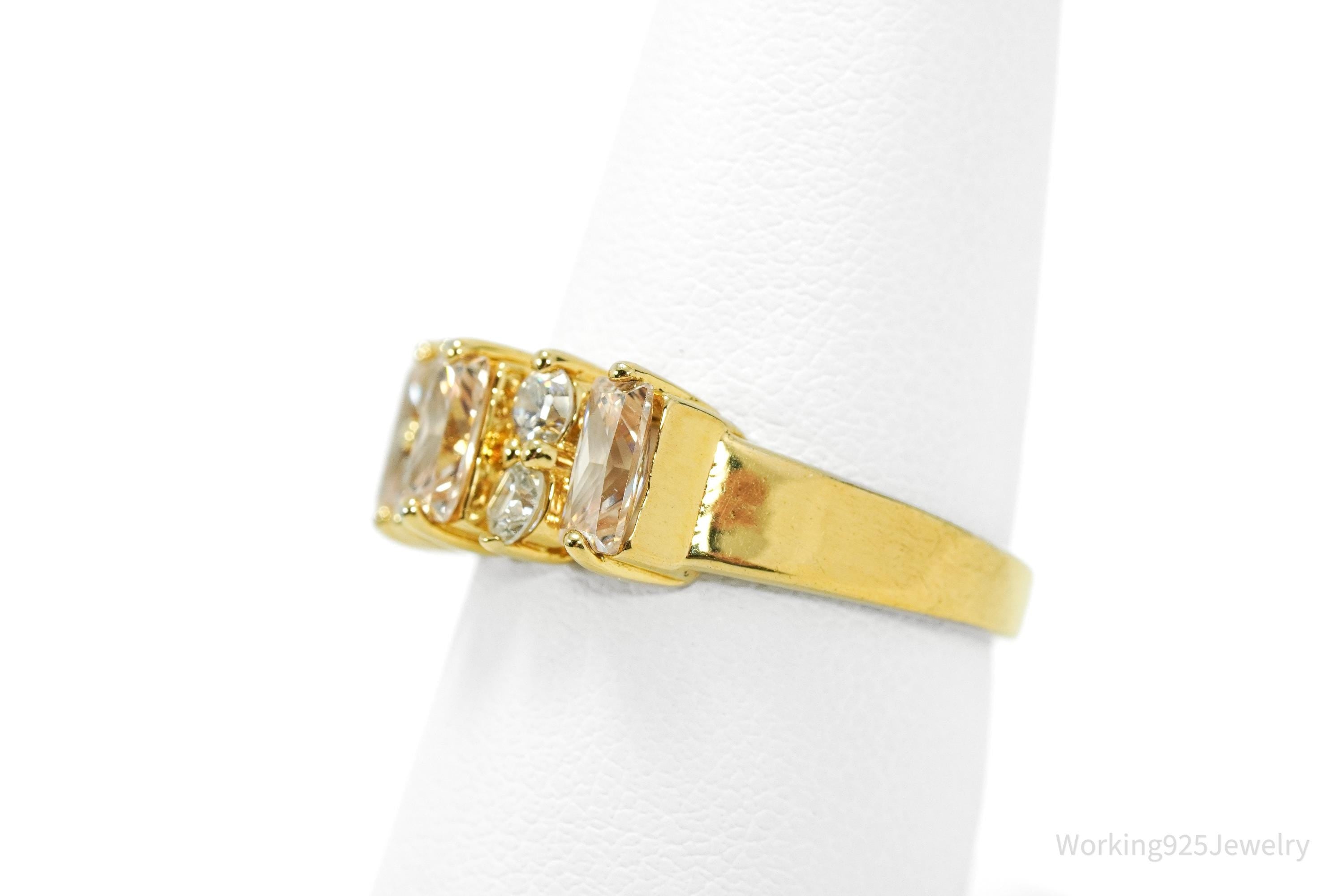 Vintage Champagne & White Cubic Zirconia Gold Over Sterling Silver Ring - Size 6