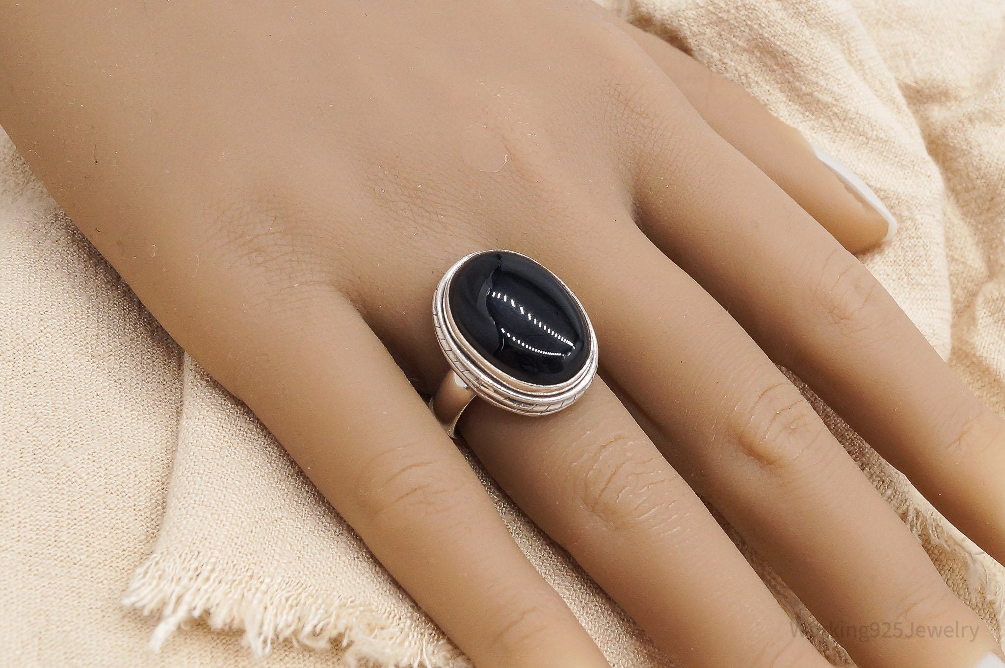 Vintage Large Black Onyx Silver Ring - Size 8