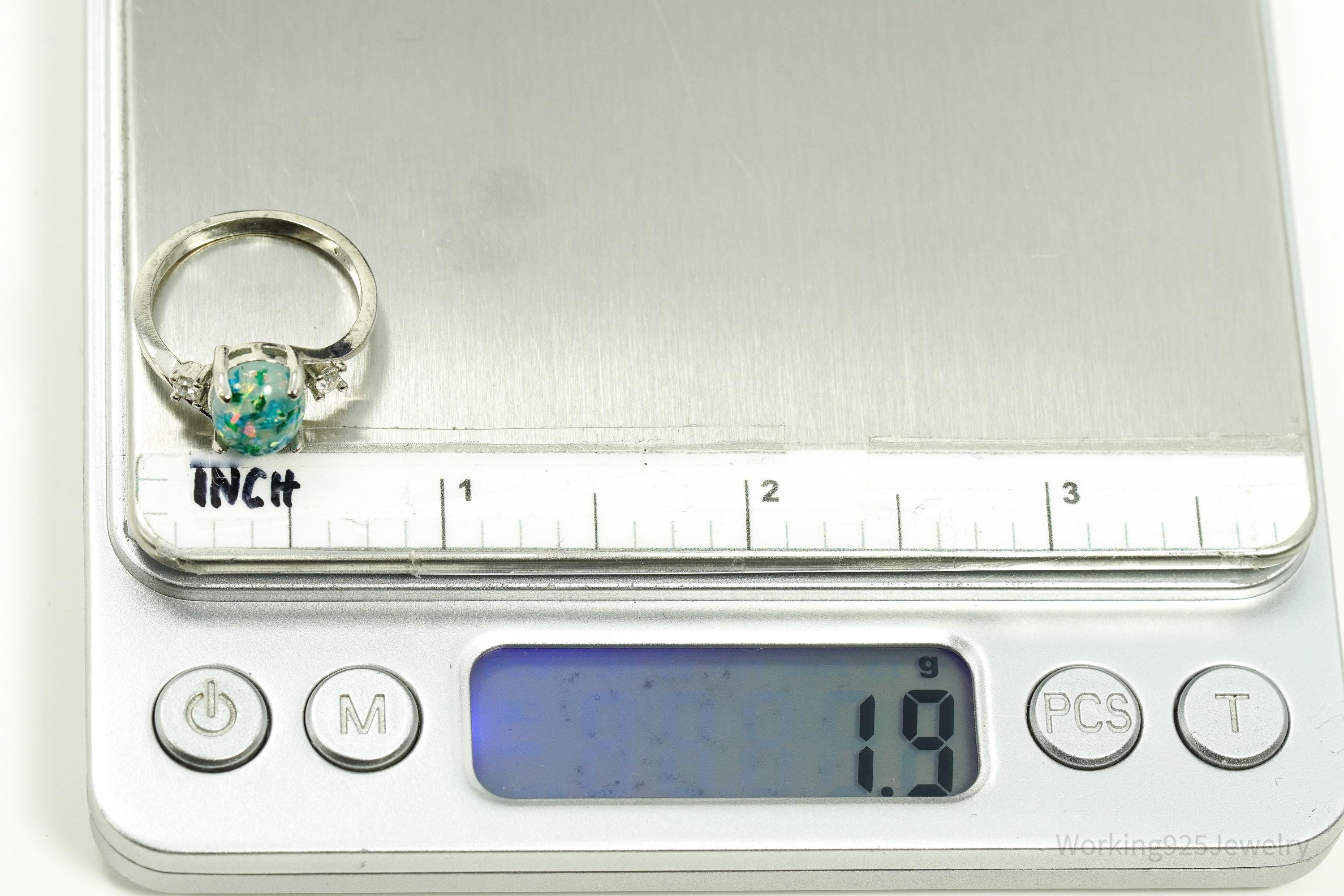 Vintage Faux Opal & Faux Diamonds Sterling Silver Plated Ring - Size 7