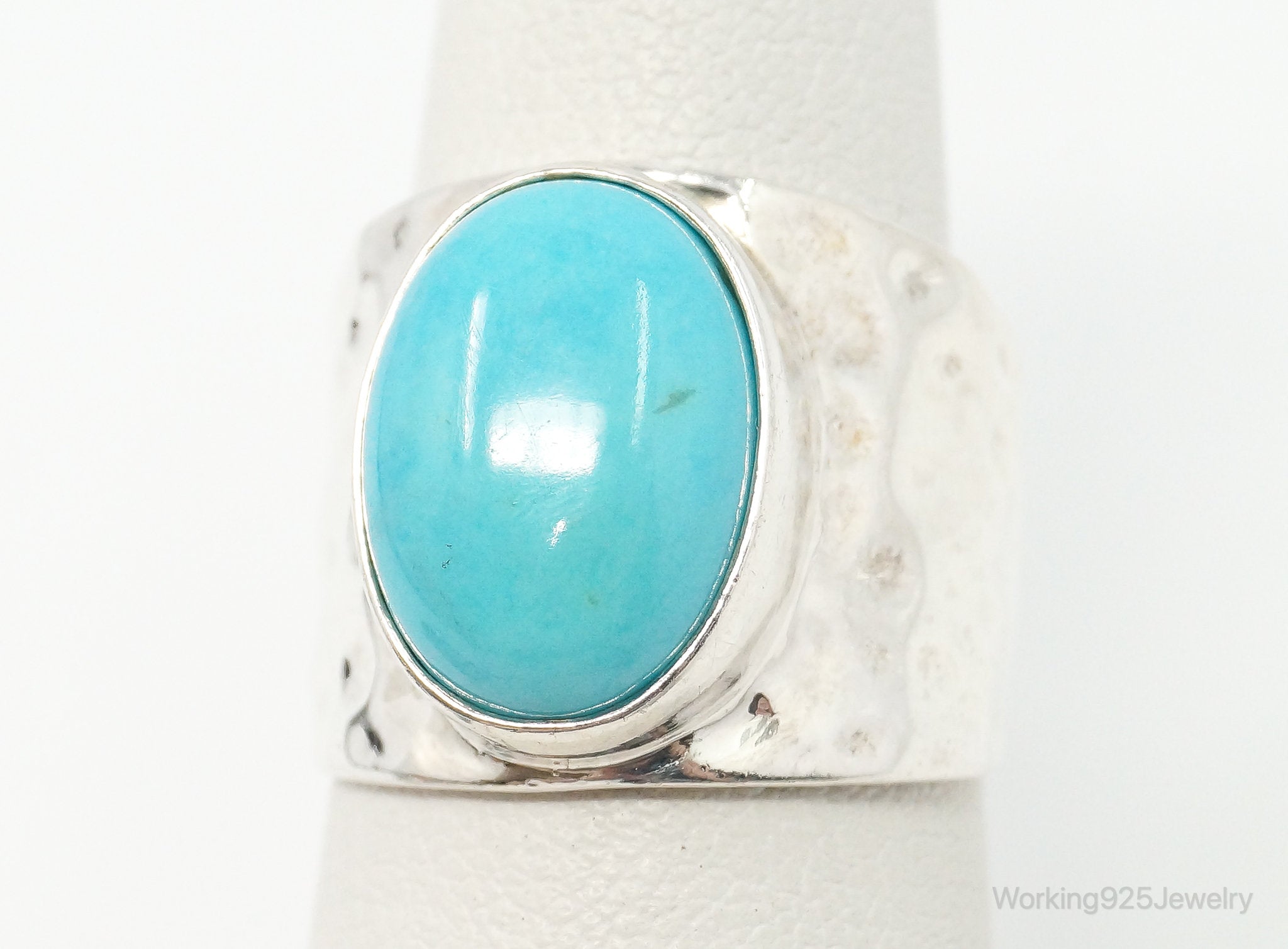 Vintage Turquoise Hammered Southwestern Sterling Silver Ring - Size 6.5