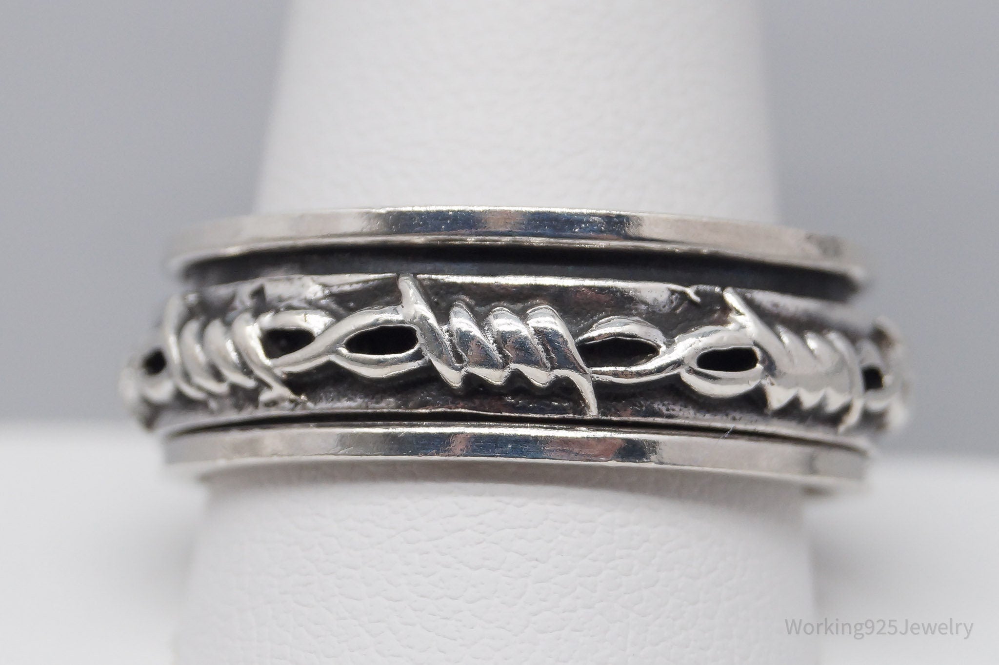 Vintage Barbed Wire Wrap Sterling Silver Spinner Band Ring - Size 13.75